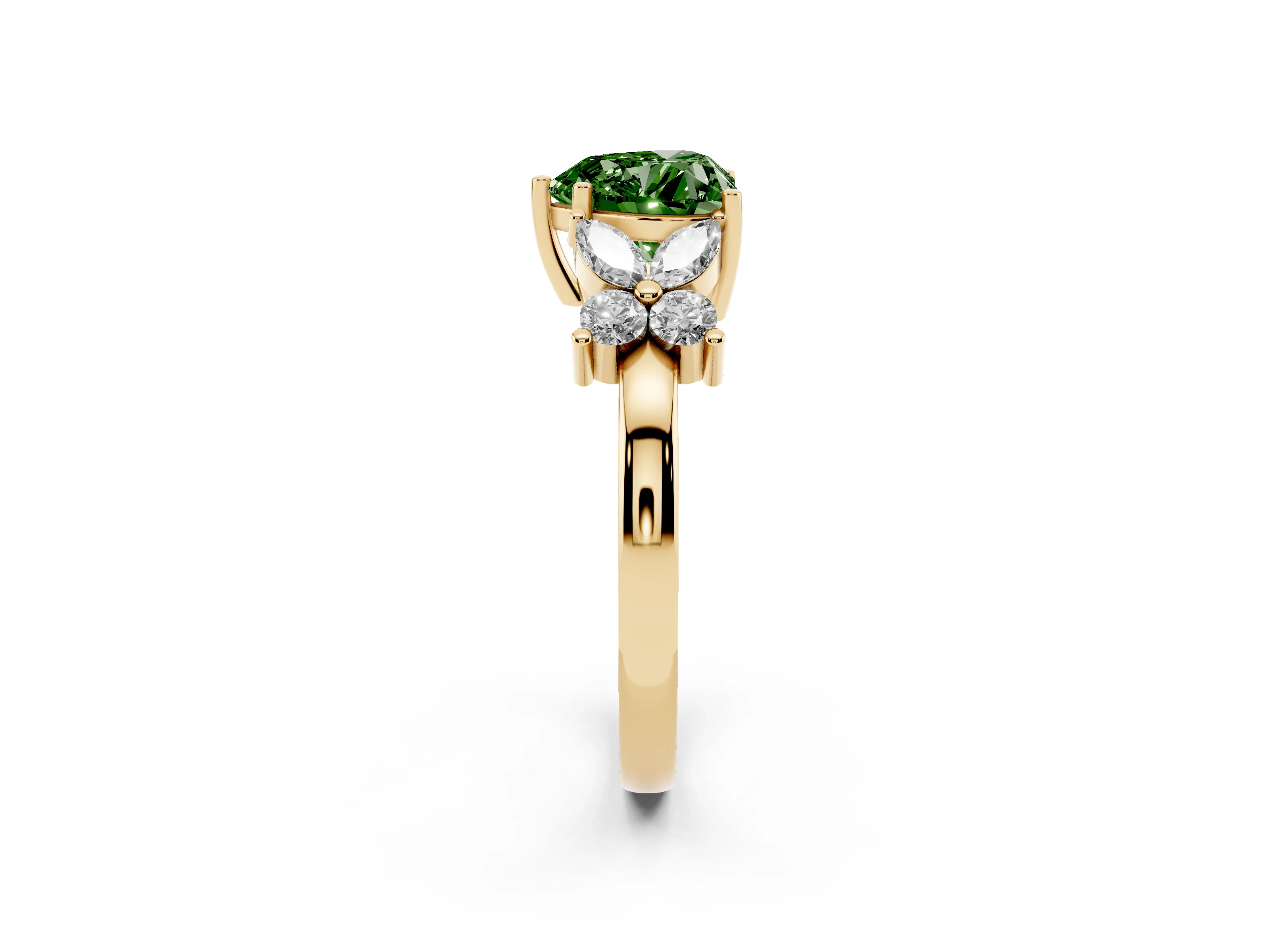 Fancy Green Heart Cut Diamond Floral Cluster Ring Set in Yellow gold with Marquise Petals and Prong Setting