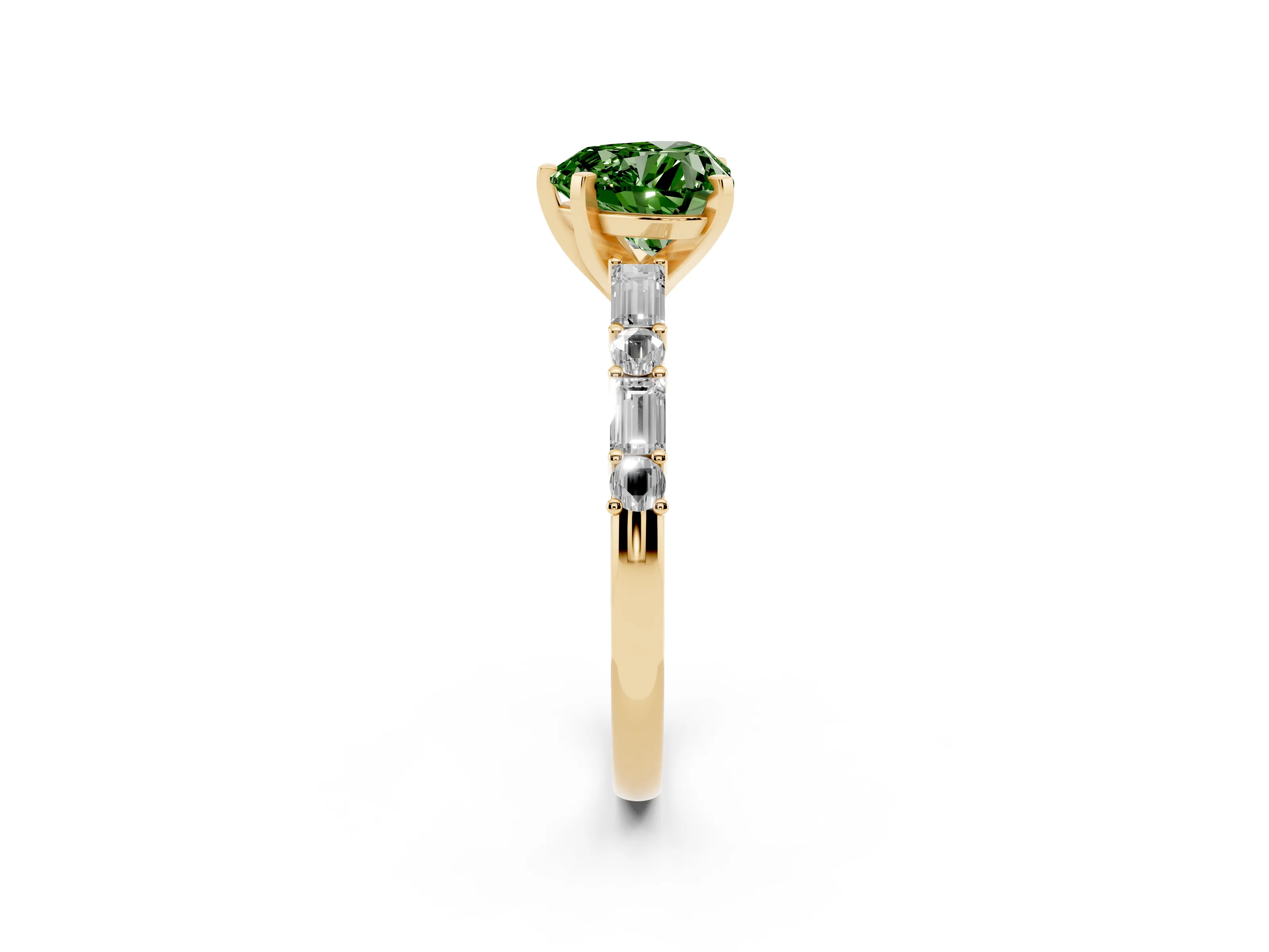 Fancy Green Heart Cut Diamond Solitaire Set in Yellow gold with Side Baguettes and Channel Set Band