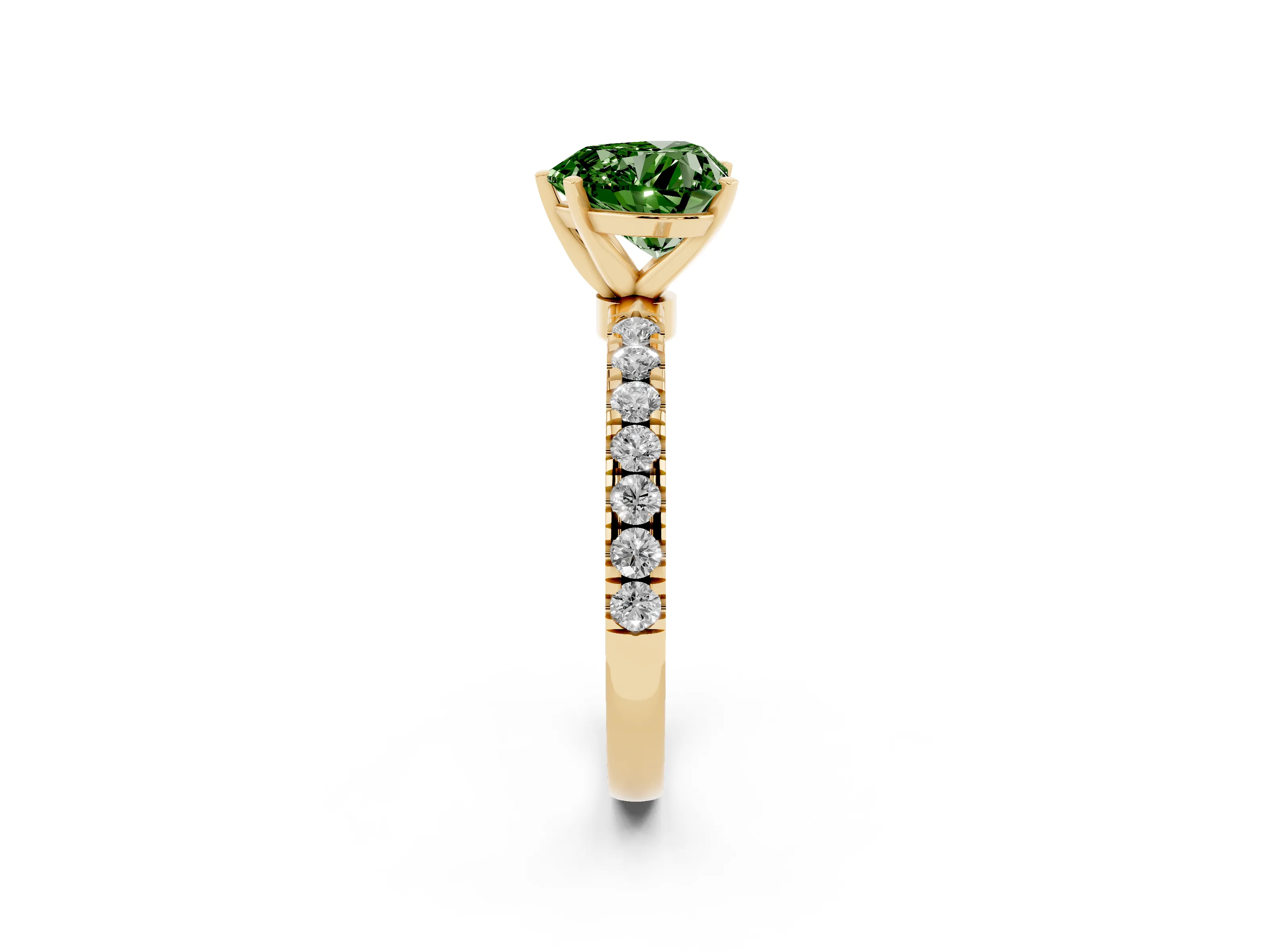 Fancy Green Heart Cut Diamond Solitaire Ring Set in Yellow gold with Pavé Accents and Prong Setting
