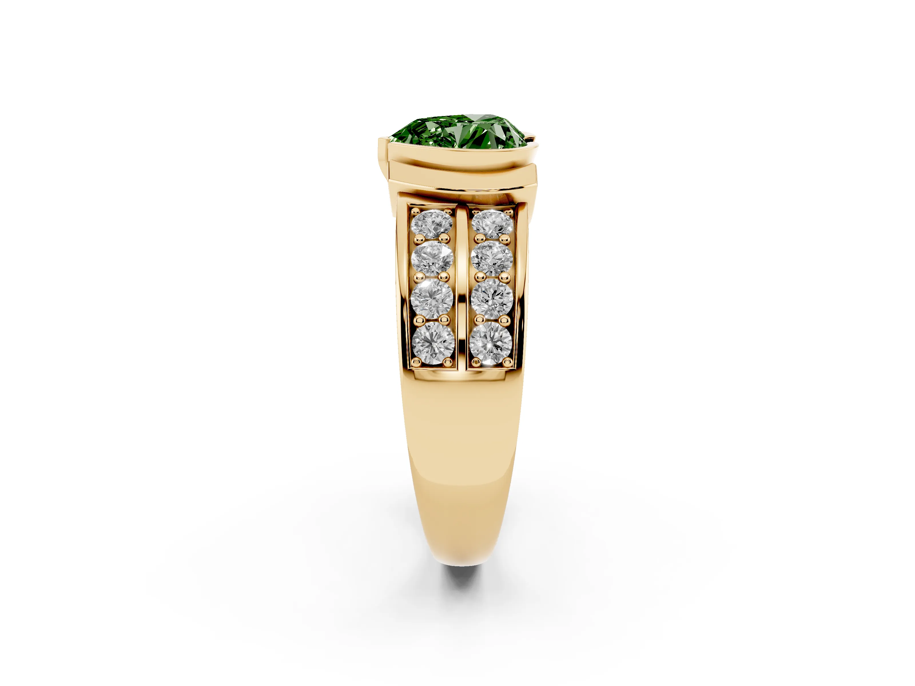 Fancy Green Heart Cut Diamond Wide Channel Set Band Ring Set in Yellow gold with Bezel Setting