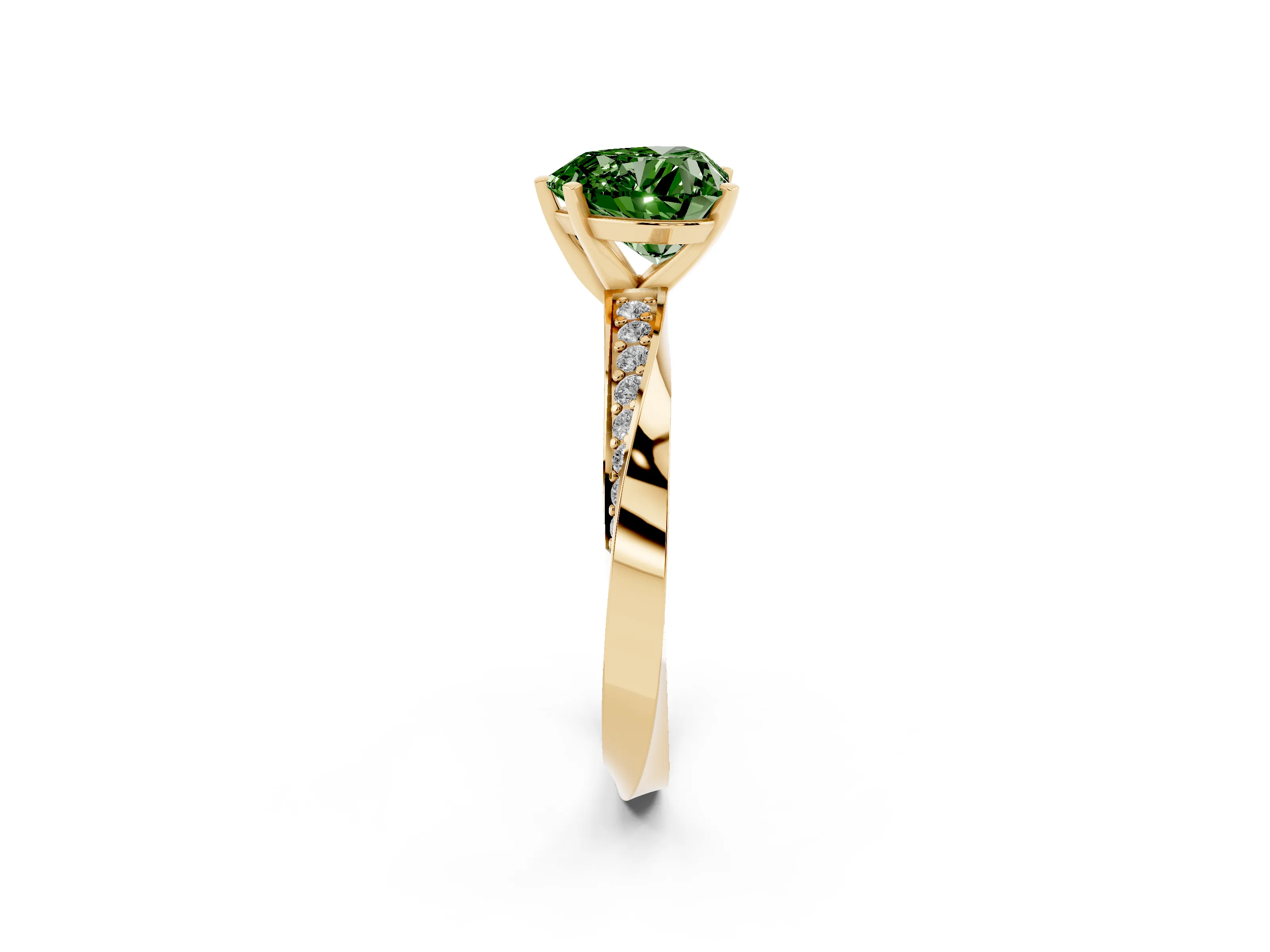 Fancy Green Heart Cut Diamond Engagement Ring Set in Yellow gold with Side Stone Accents and Prong Setting