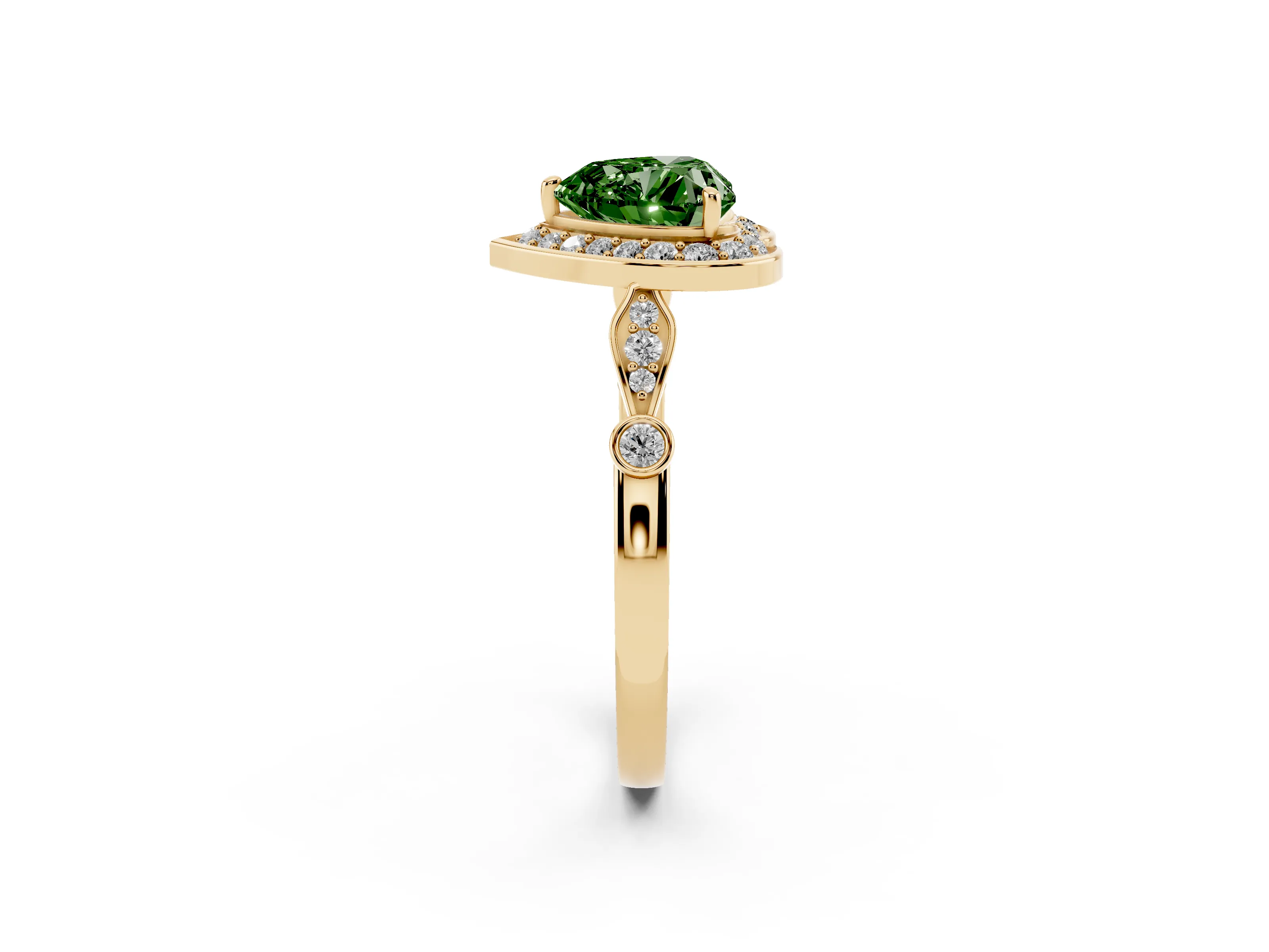 Fancy Green Heart Cut Diamond Halo Engagement Ring Set in Yellow gold with Twisted Band and Prong Setting