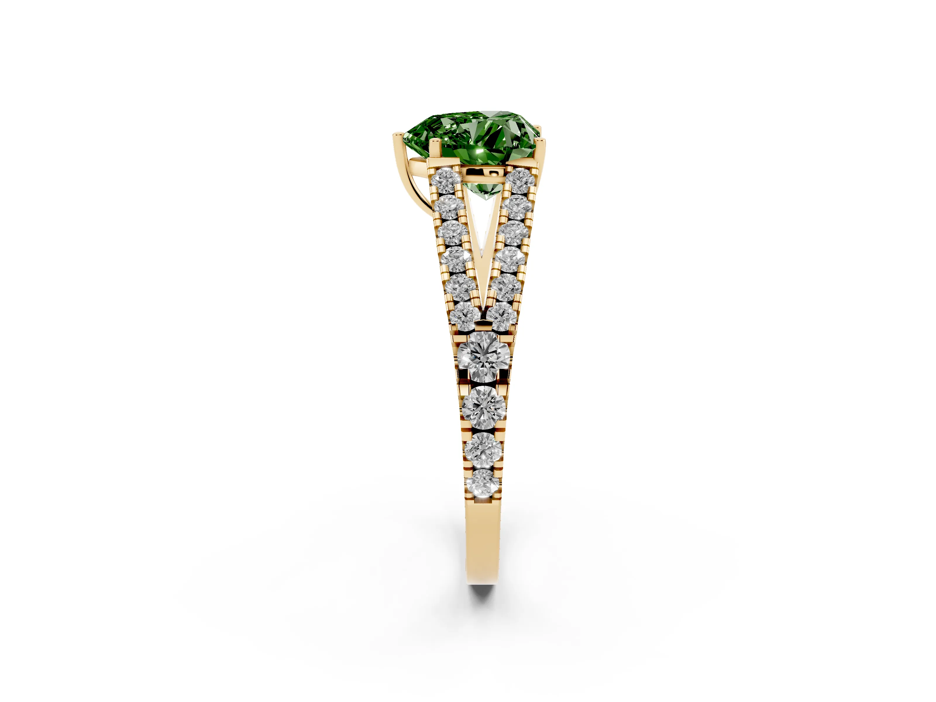 Fancy Green Heart Cut Diamond Split Shank Pavé Engagement Ring Set in Yellow gold with Prong-Held Center Stone