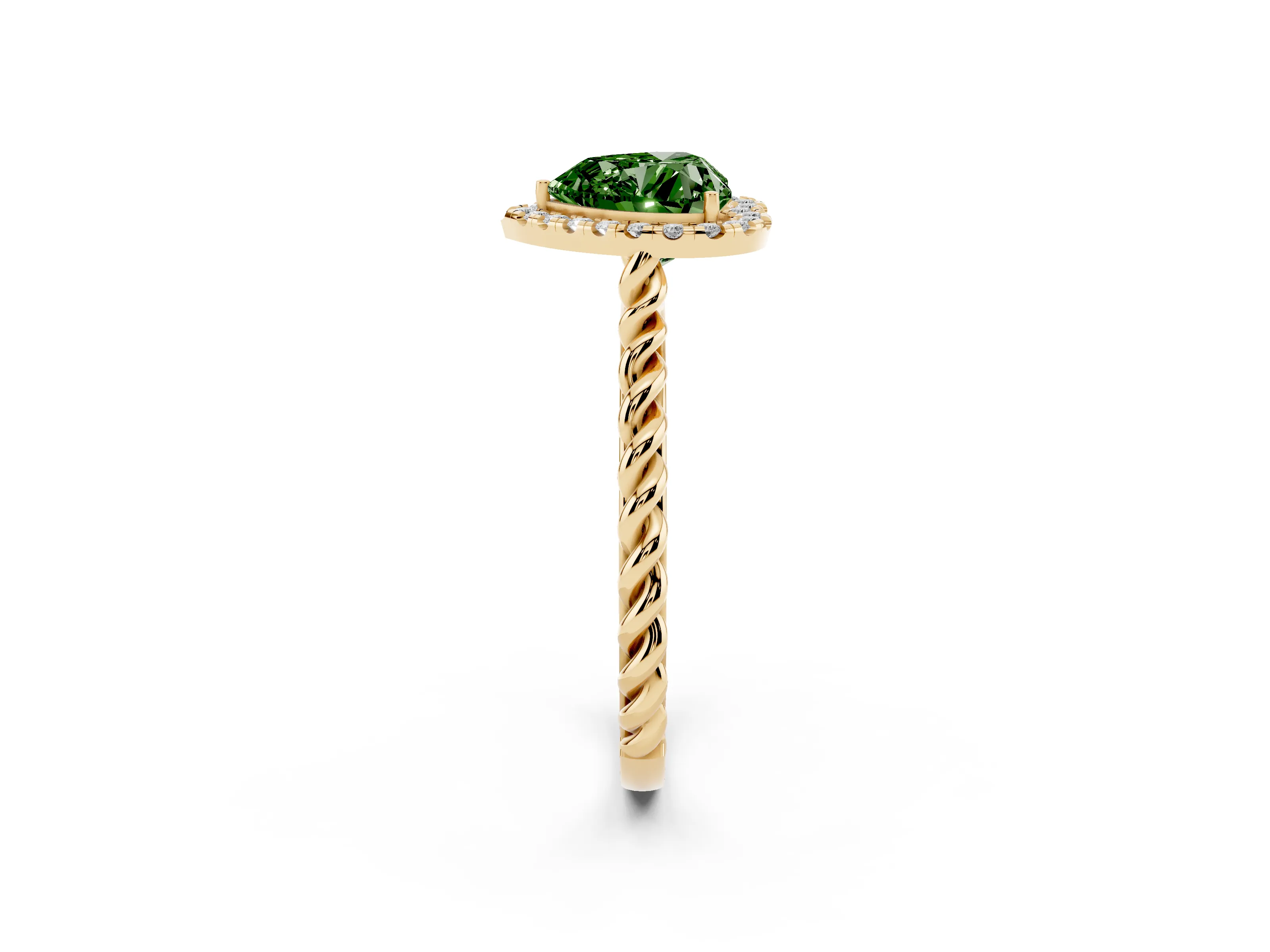 Fancy Green Heart Cut Diamond Halo Ring Set in Yellow gold with Plain Twisted Band