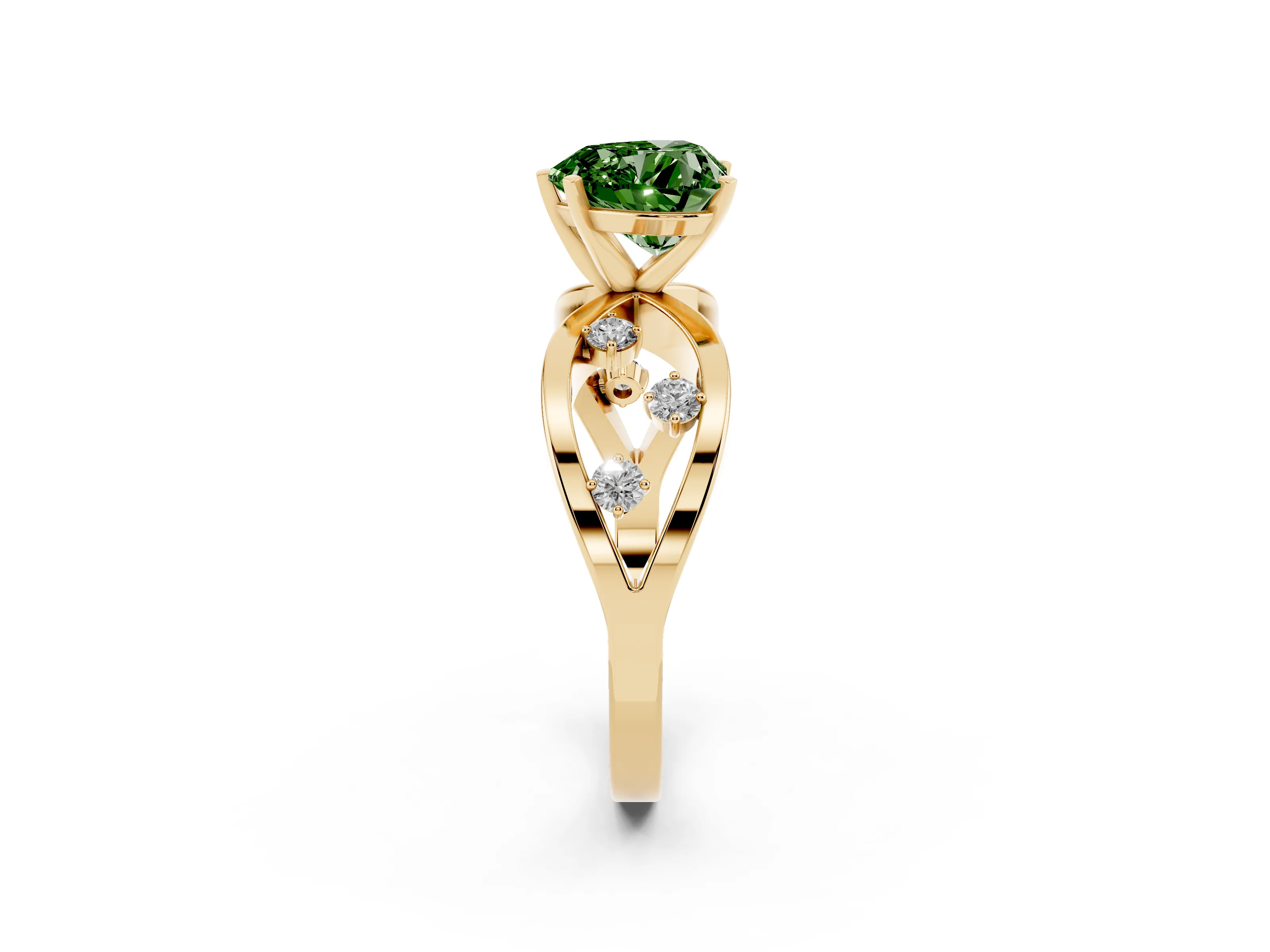 Fancy Green Heart Cut Diamond Solitaire Ring Set in Yellow gold with Side Stones on Criss-Cross Band and Prong Setting