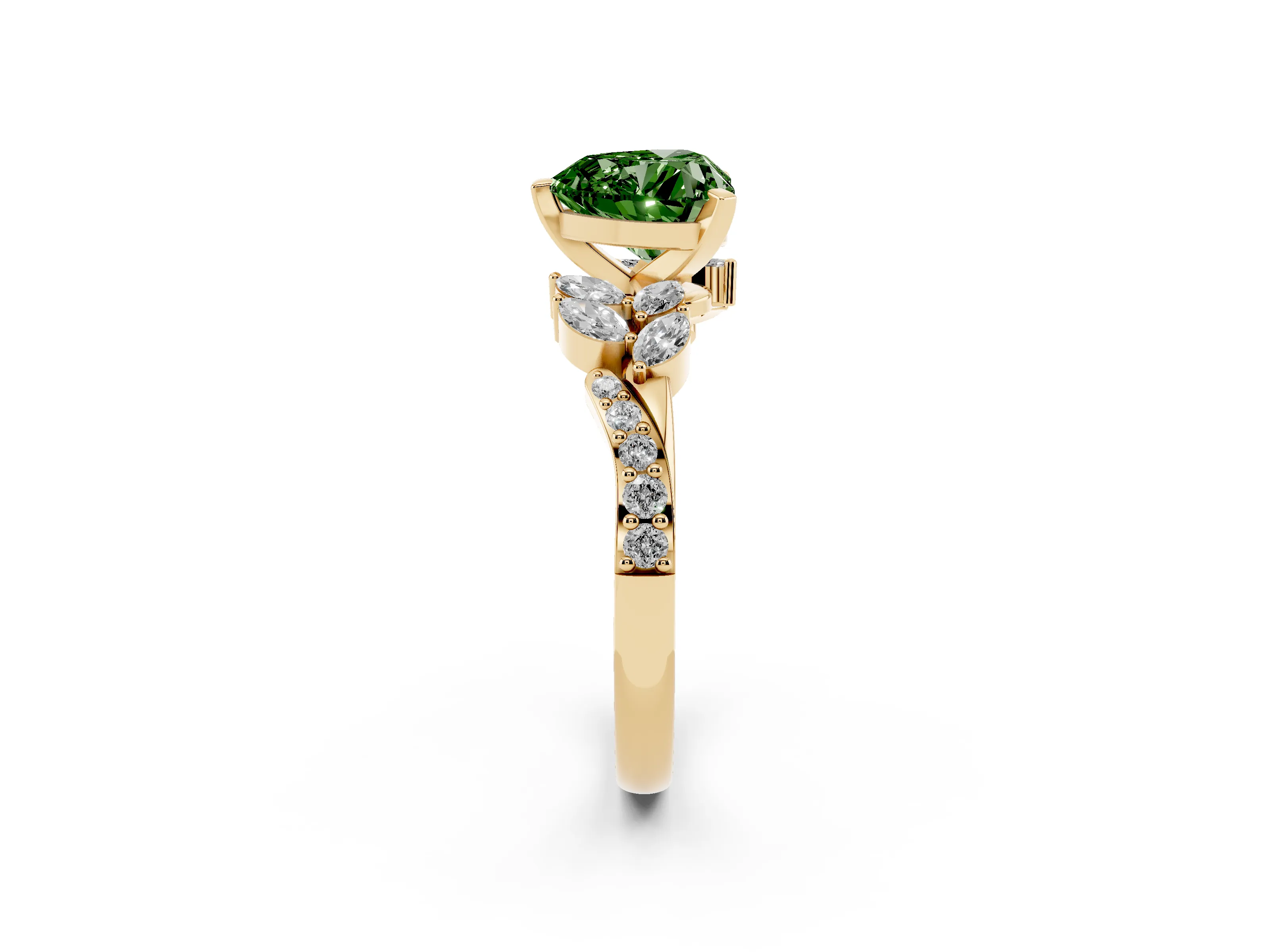 Fancy Green Heart Cut Diamond Solitaire Ring Set in Yellow gold with Marquise Twist Band and Prong Setting