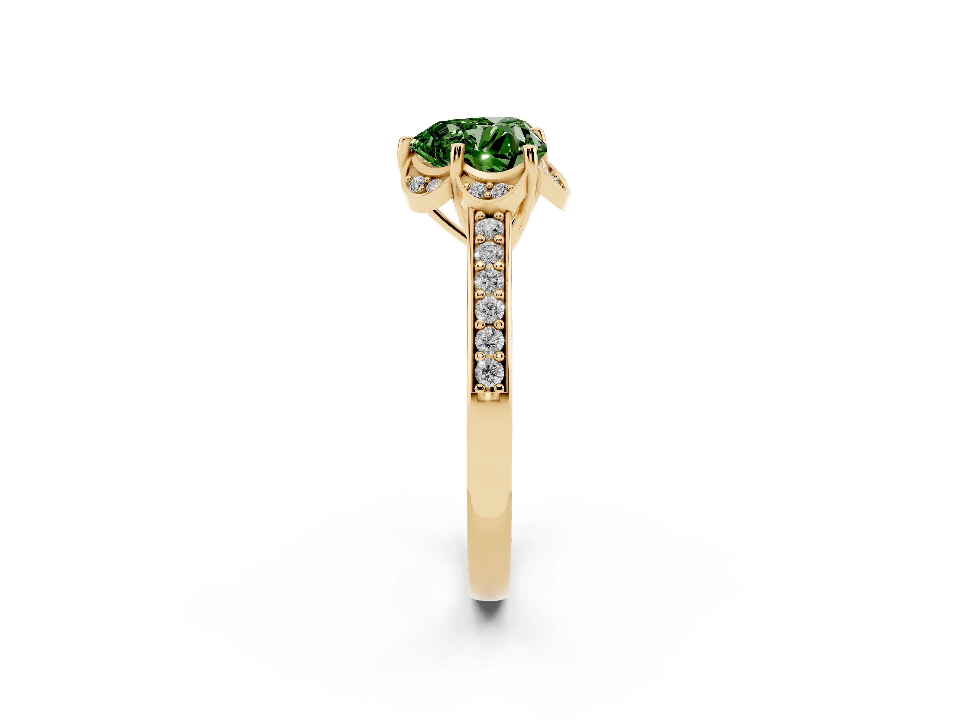 Fancy Green Heart Cut Diamond Halo Ring Set in Yellow gold with Channel Set Band and Prong Setting