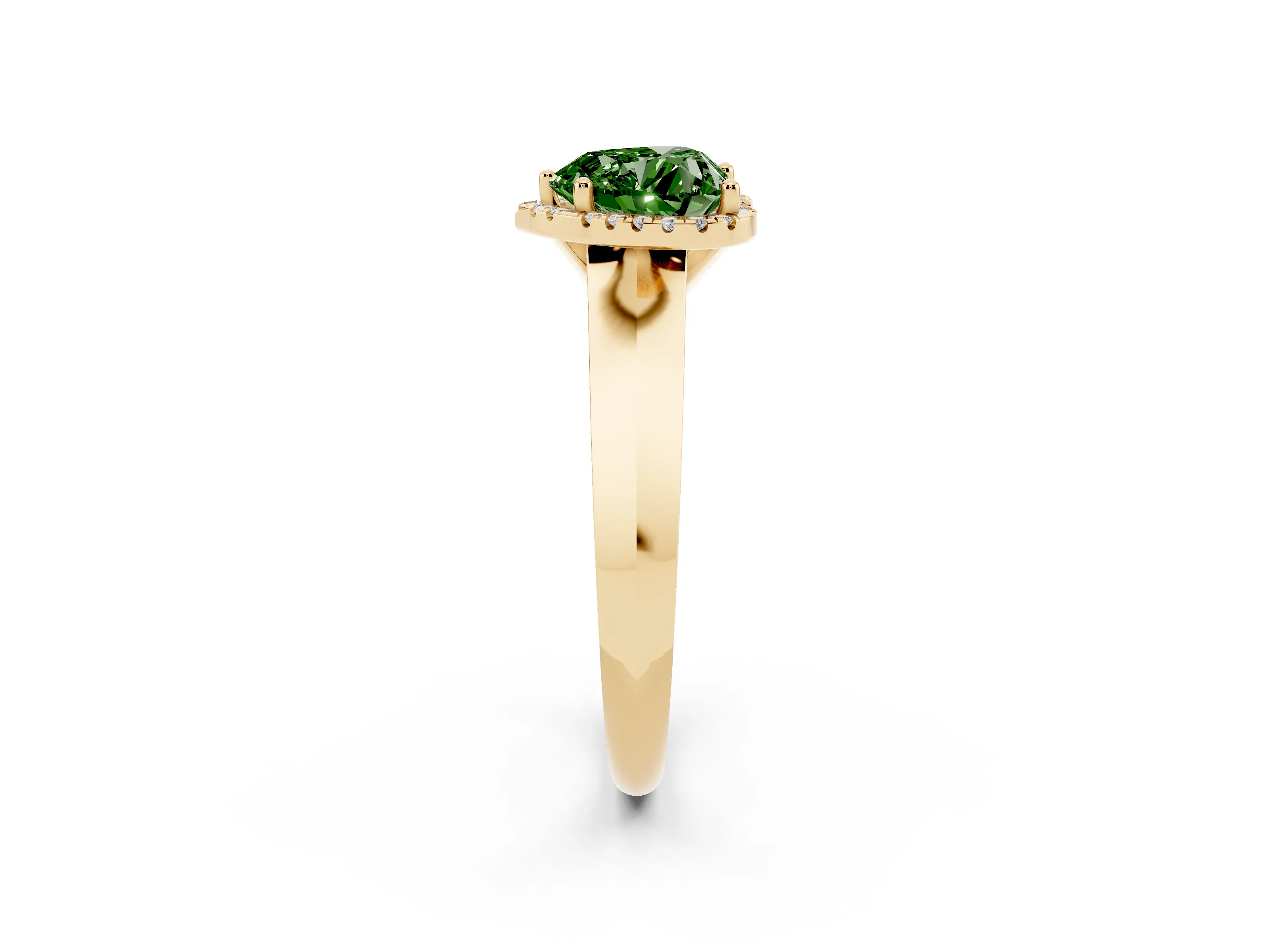 Fancy Green Heart Cut Diamond Halo Ring Set in Yellow gold with Cathedral Band and Prong Setting