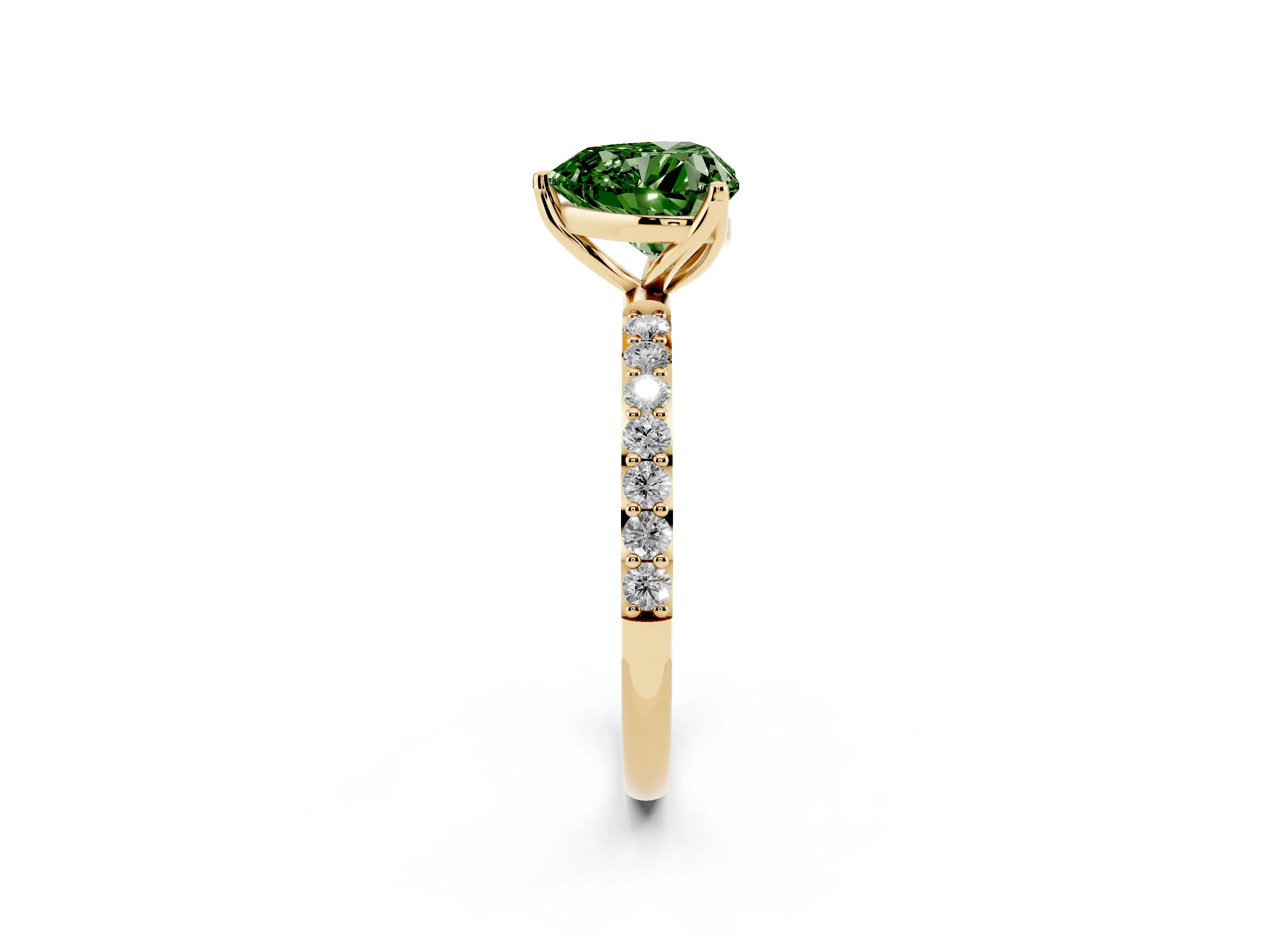 Fancy Green Heart Cut Diamond Solitaire Engagement Ring Set in Yellow gold with Round Pavé Band and Prong Setting