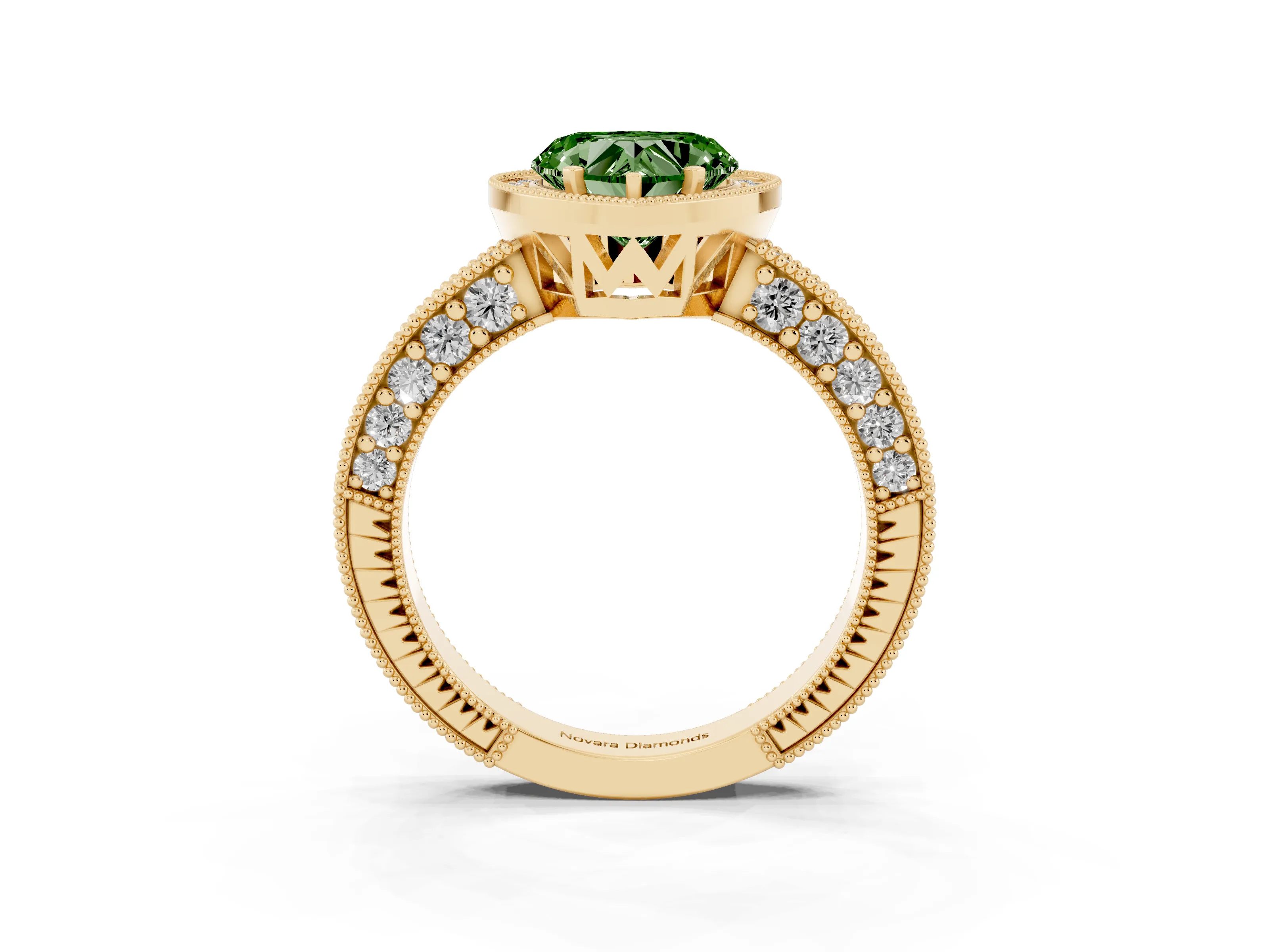Fancy Green Heart Cut Diamond Halo Pavé Band Ring Set in Yellow gold with Prong-Set Center
