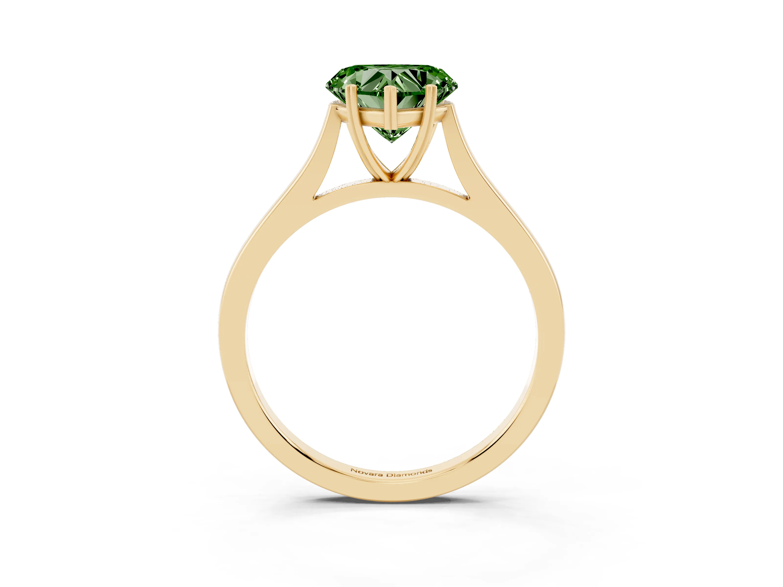 Fancy Green Heart Cut Diamond Solitaire Heart Prong Engagement Ring Set in Yellow gold with Tapered Band