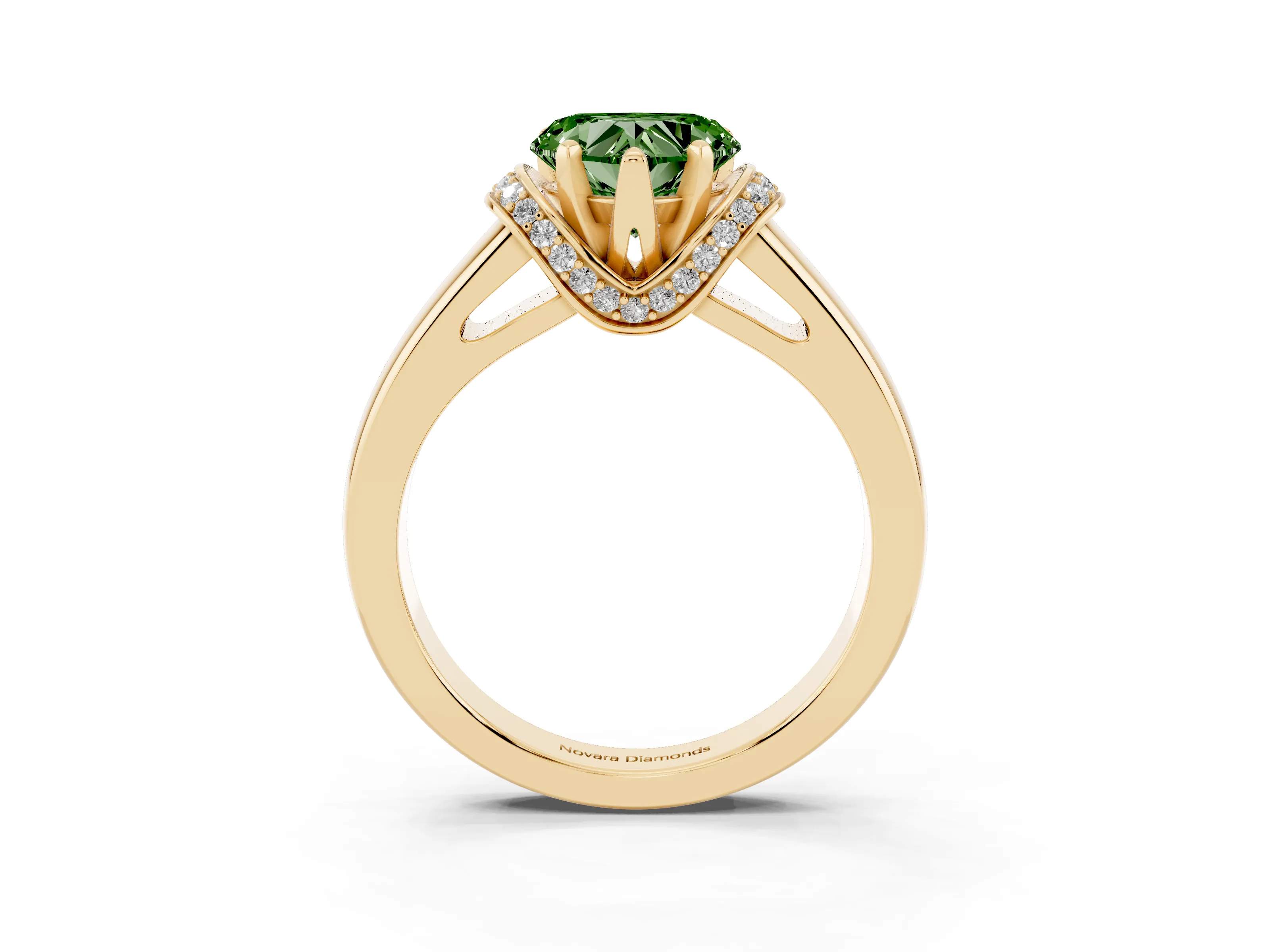 Fancy Green Heart Cut Diamond Pavé Band Solitaire Ring Set in Yellow gold with Prong Setting