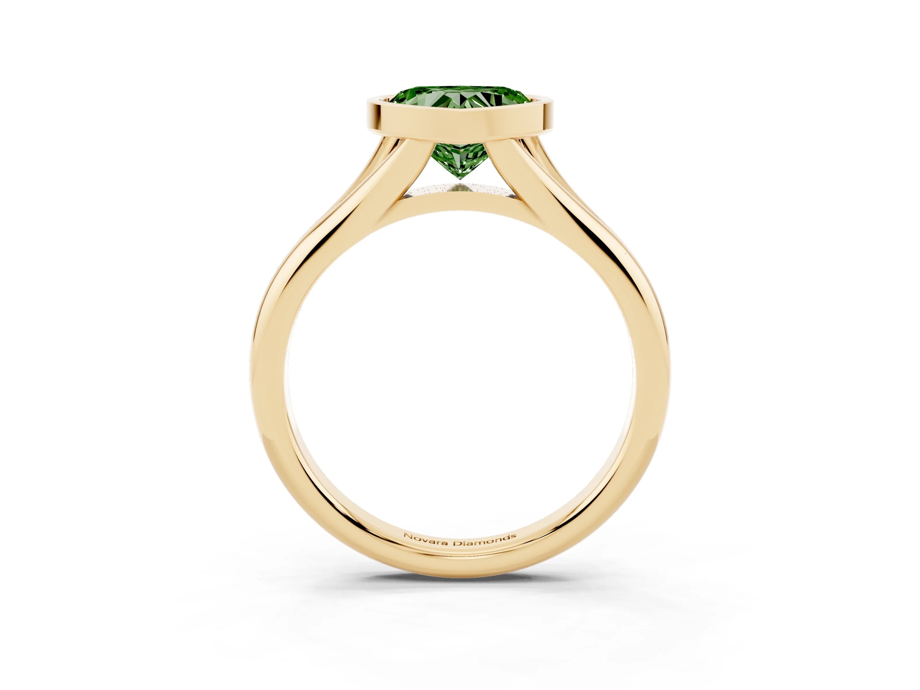 Fancy Green Bezel Set Heart Cut Diamond Solitaire Ring Set in Yellow gold with Smooth Band