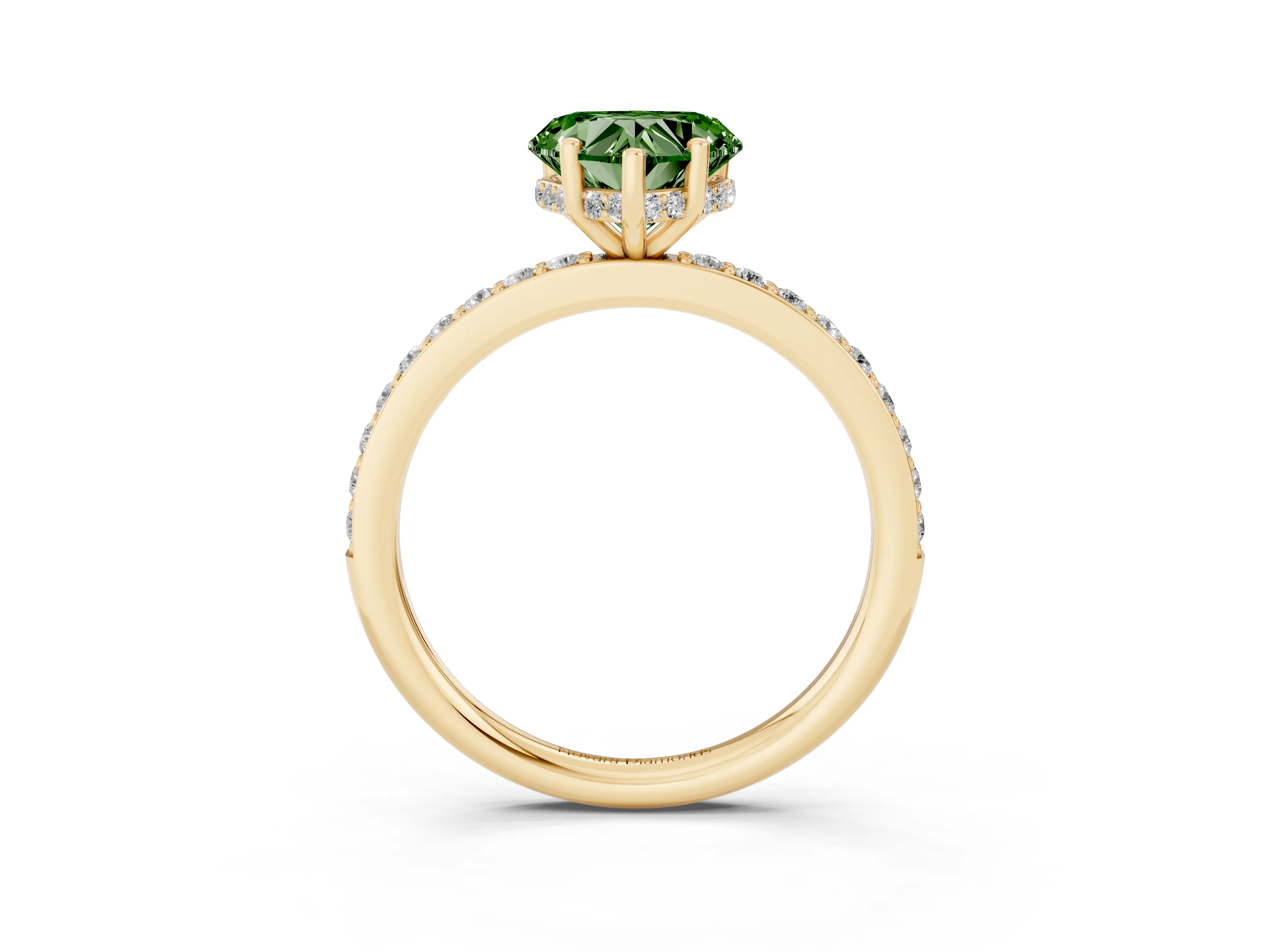 Fancy Green Heart Cut Diamond Pavé Band Ring Set in Yellow gold with Prong-Set Center Stone