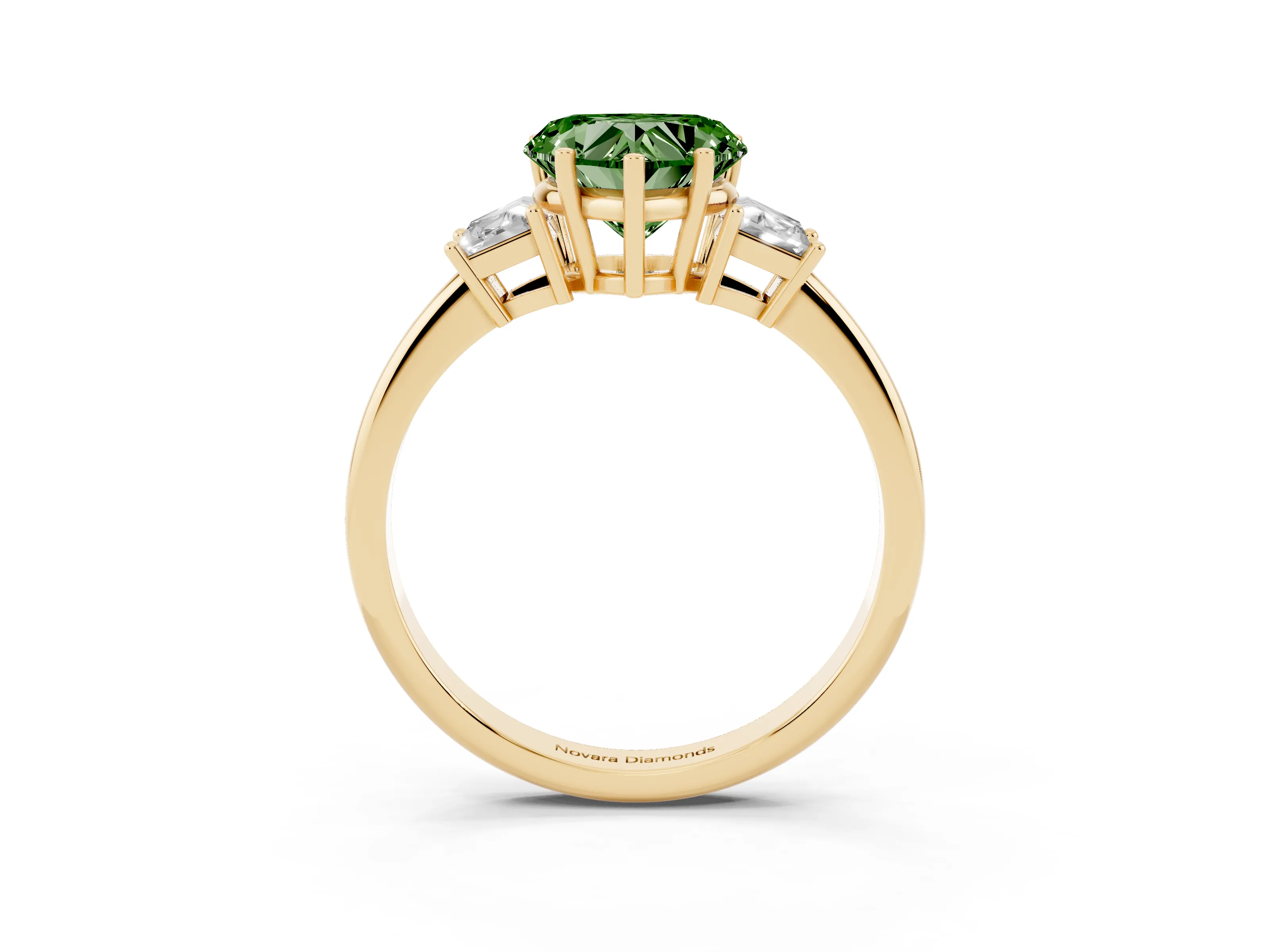 Fancy Green Heart Cut Diamond Three-Stone Ring Set in Yellow gold with Trapezoid Side Stones and Prong Setting