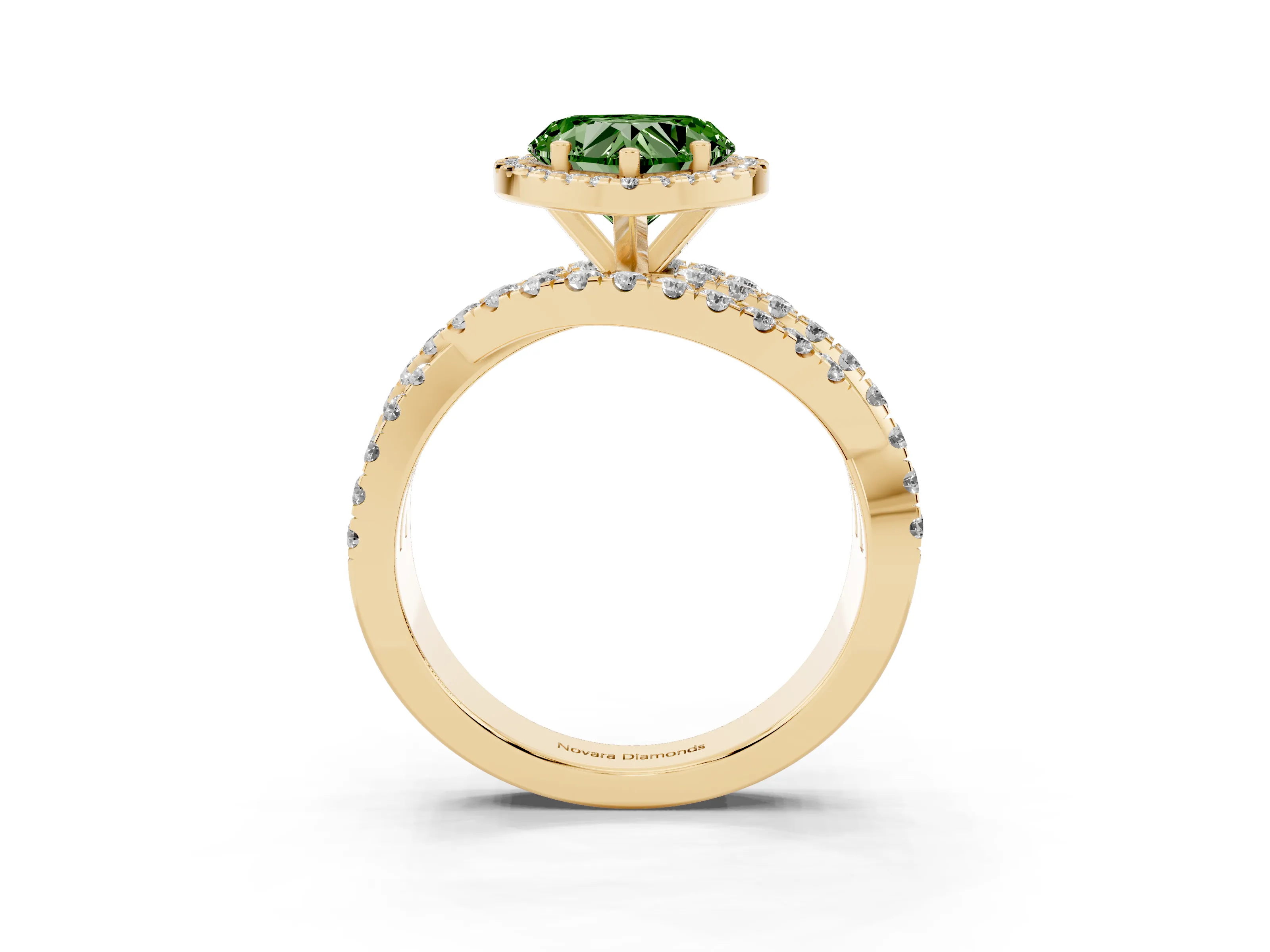 Fancy Green Heart Cut Diamond Halo Ring Set in Yellow gold with Round Crossover Split Shank and Prong Setting