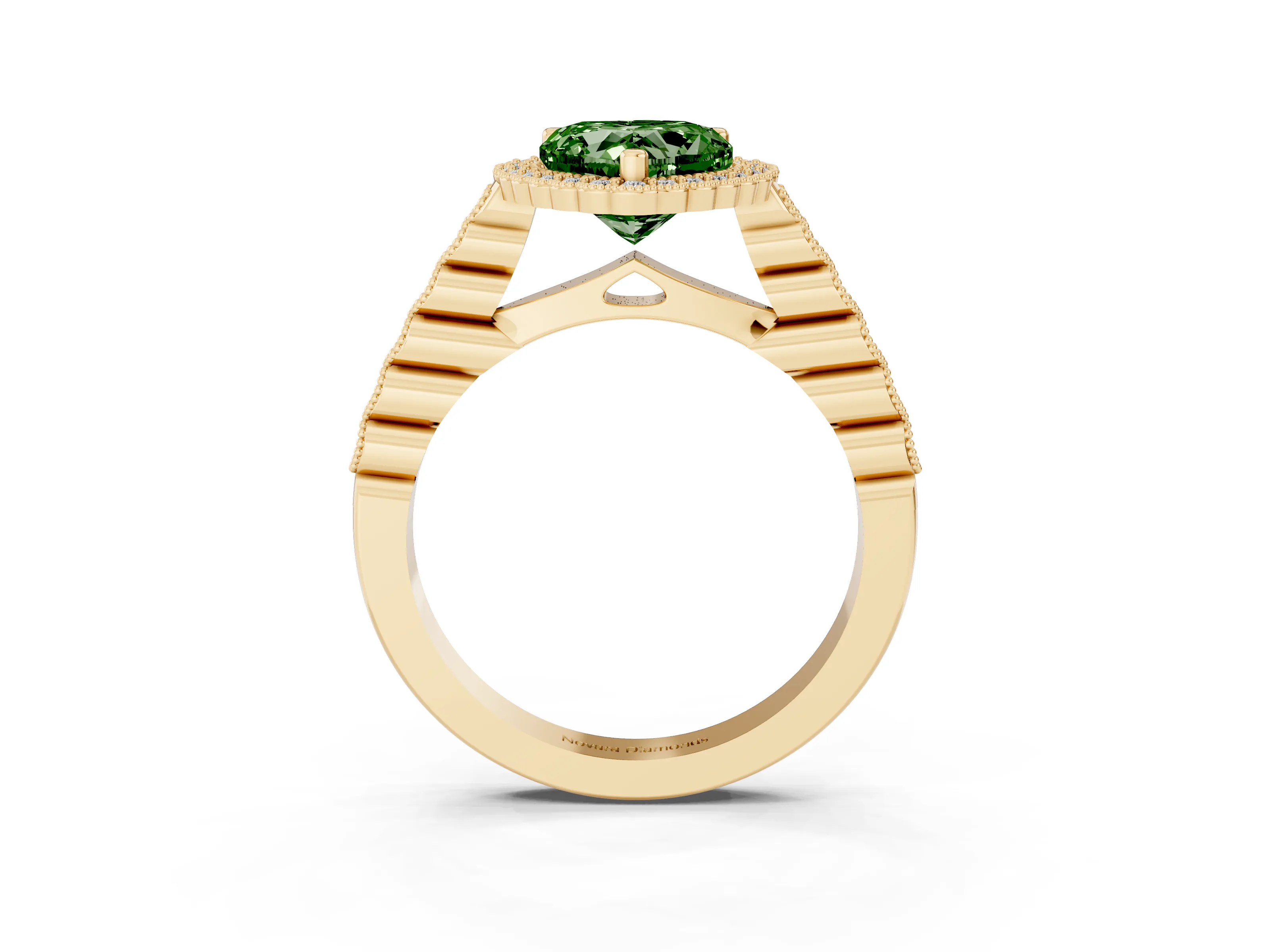 Fancy Green Heart Cut Diamond Halo Ring Set in Yellow gold with Pavé Milgrain Band