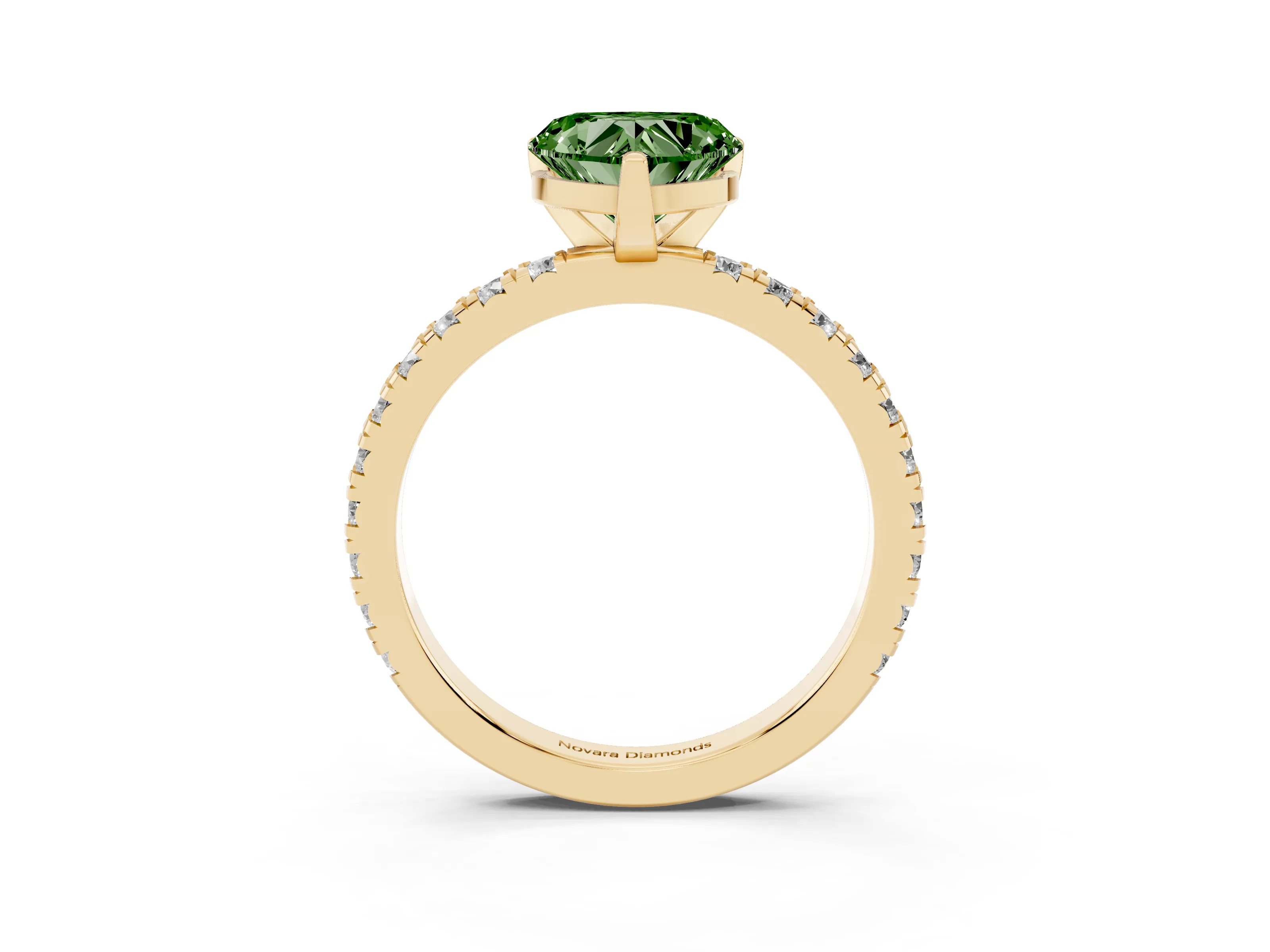 Fancy Green Heart Cut Diamond Pavé Band Solitaire Set in Yellow gold with Prong Setting