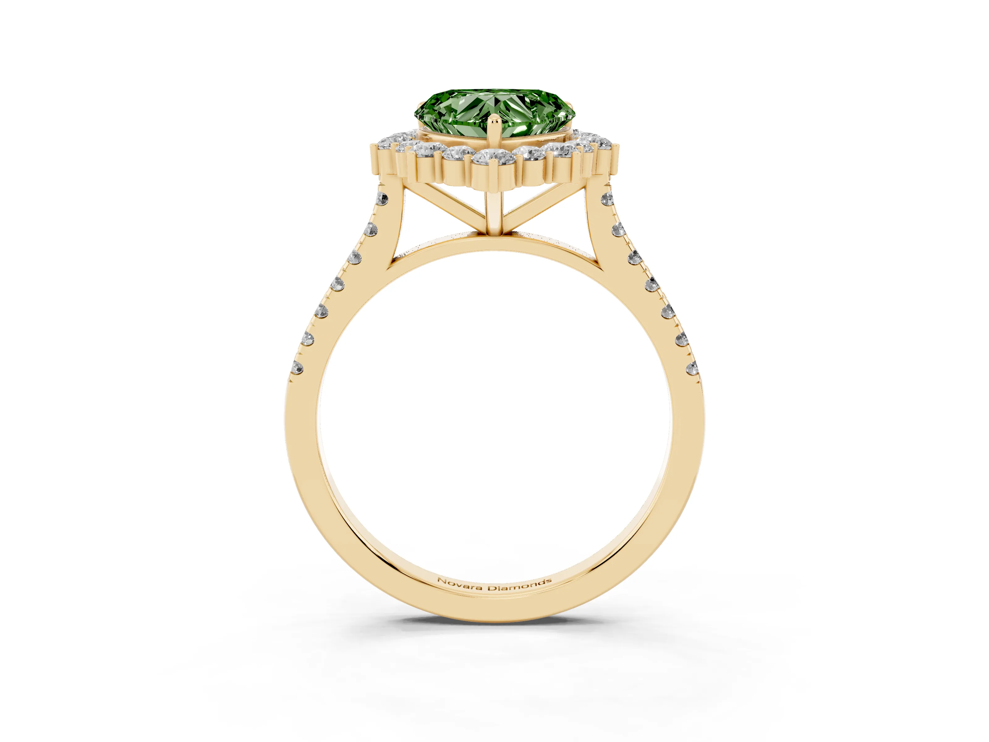 Fancy Green Heart Cut Diamond Halo Ring Set in Yellow gold with Pavé Band and Prong Setting