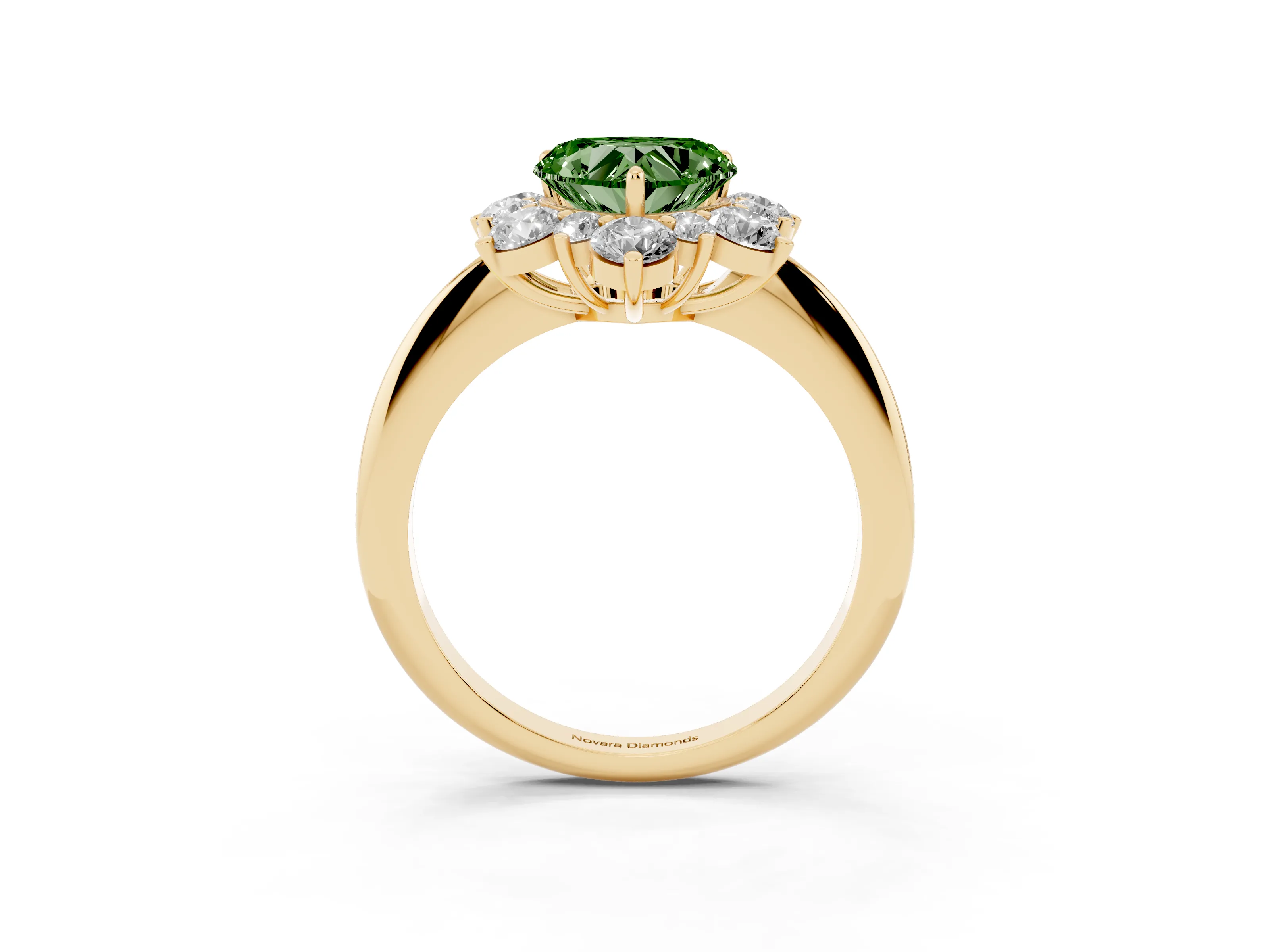 Fancy Green Heart Cut Diamond Cluster Halo Ring Set in Yellow gold with Solitaire Band and Prong Setting