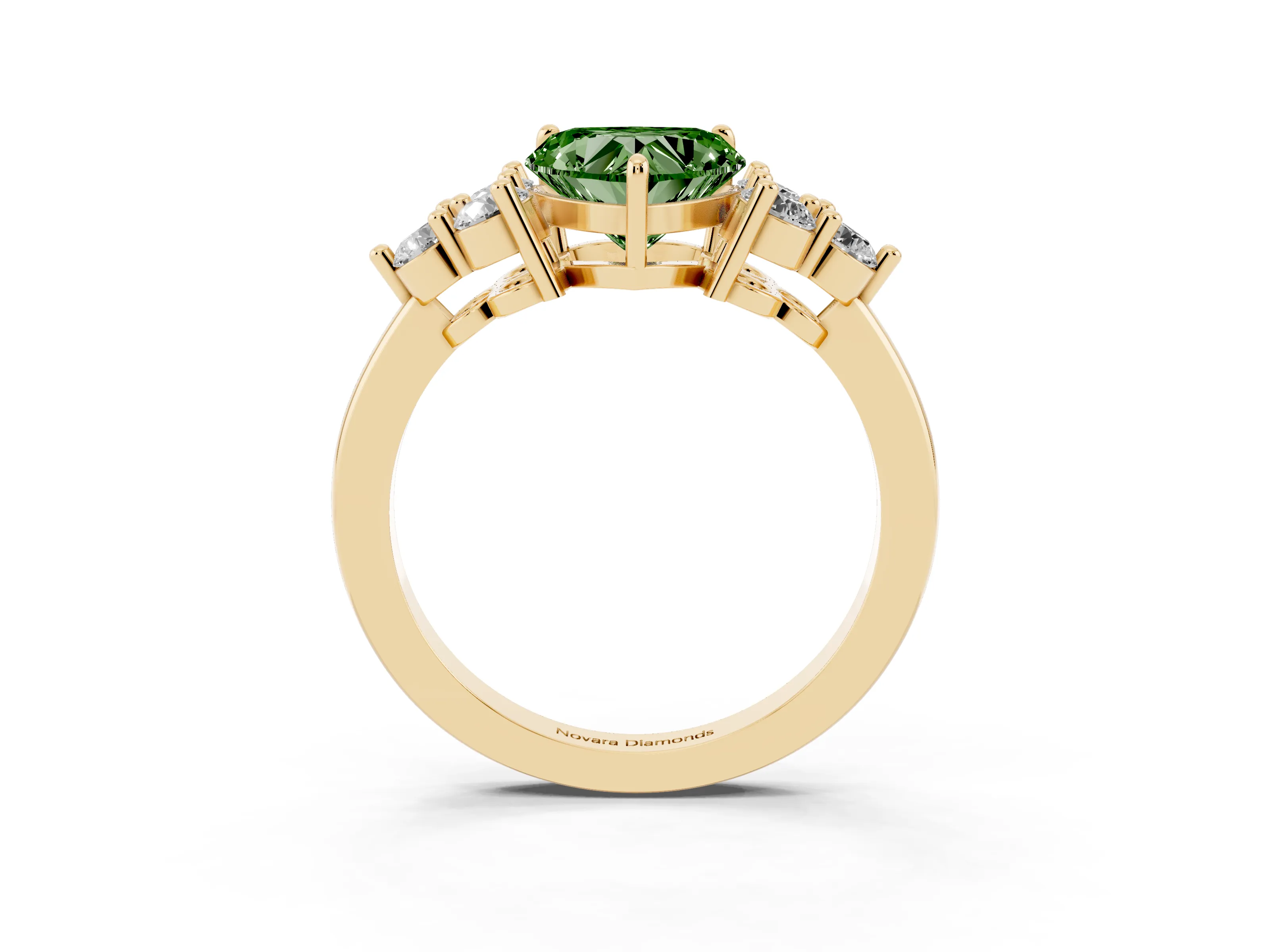 Fancy Green Heart Cut Diamond Solitaire Ring Set in Yellow gold with Cluster Accents on Each Side
