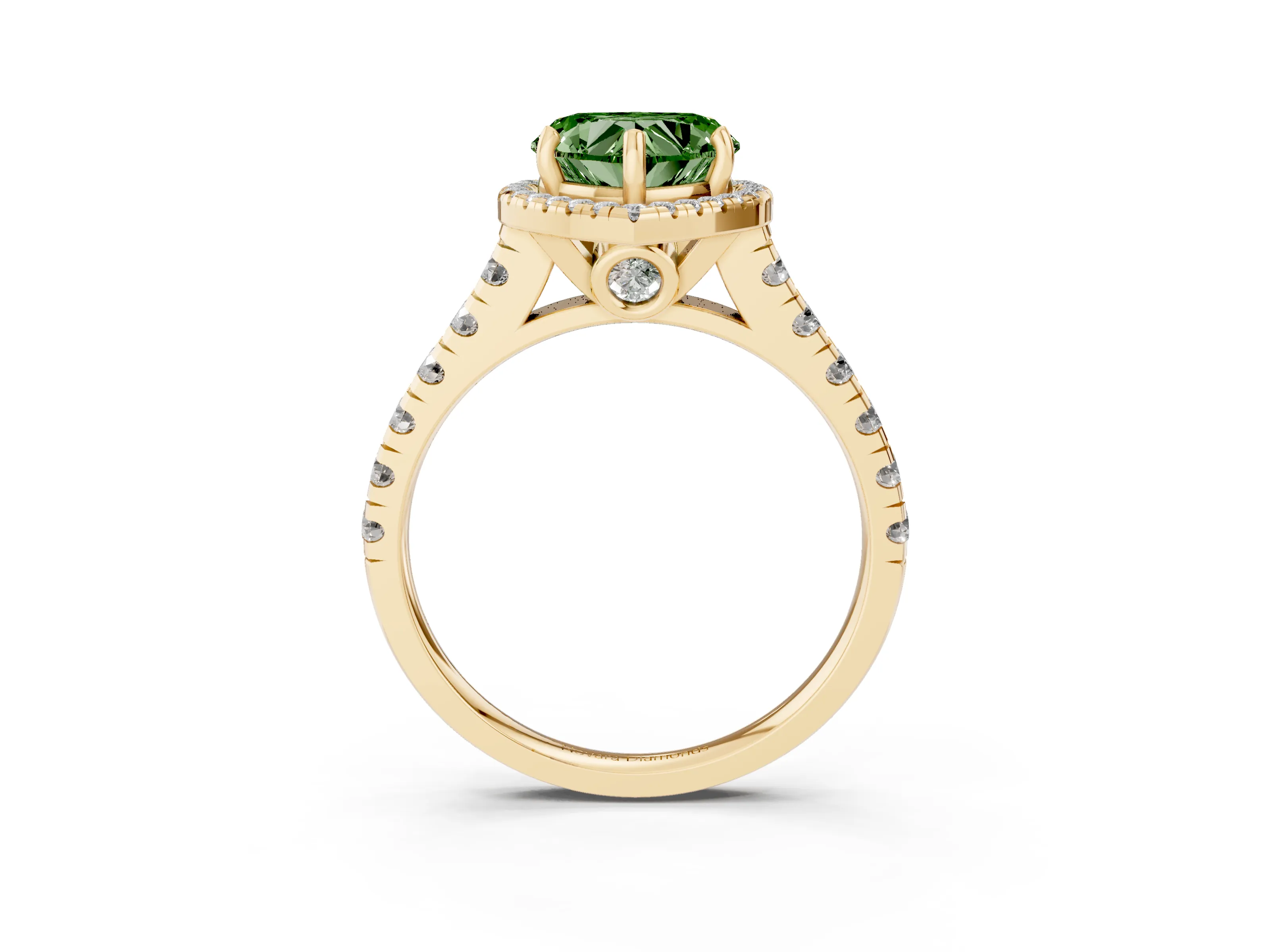 Fancy Green Heart Cut Diamond Halo Engagement Ring Set in Yellow gold with Pavé Band and Prong-Set Center