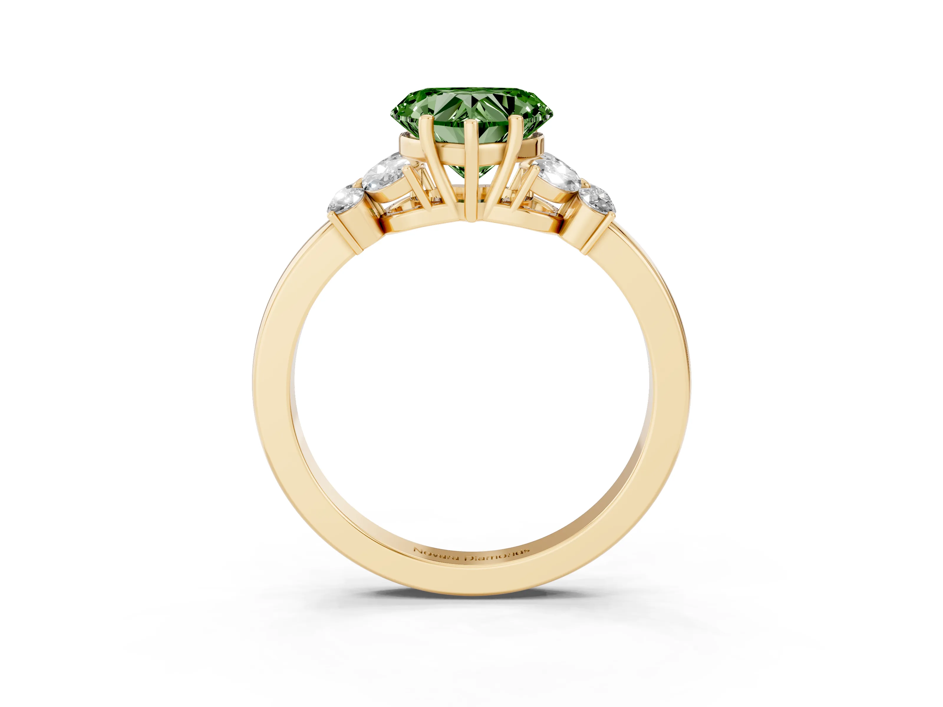 Fancy Green Heart Cut Diamond Solitaire Floral Ring Set in Yellow gold with Marquise Petals and Prong Setting