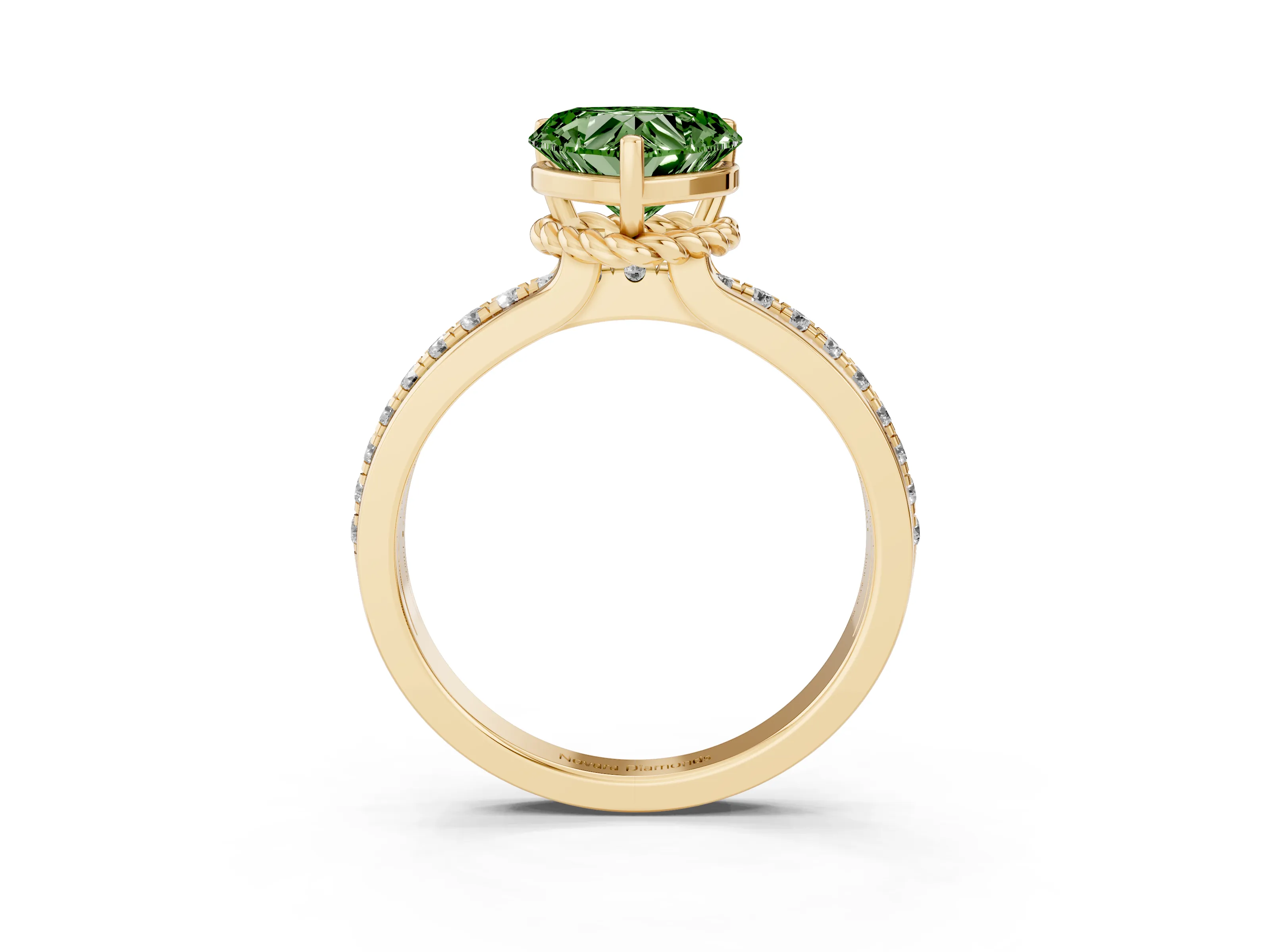 Fancy Green Heart Cut Diamond Solitaire Ring Set in Yellow gold with Channel Set Band and Prong Setting