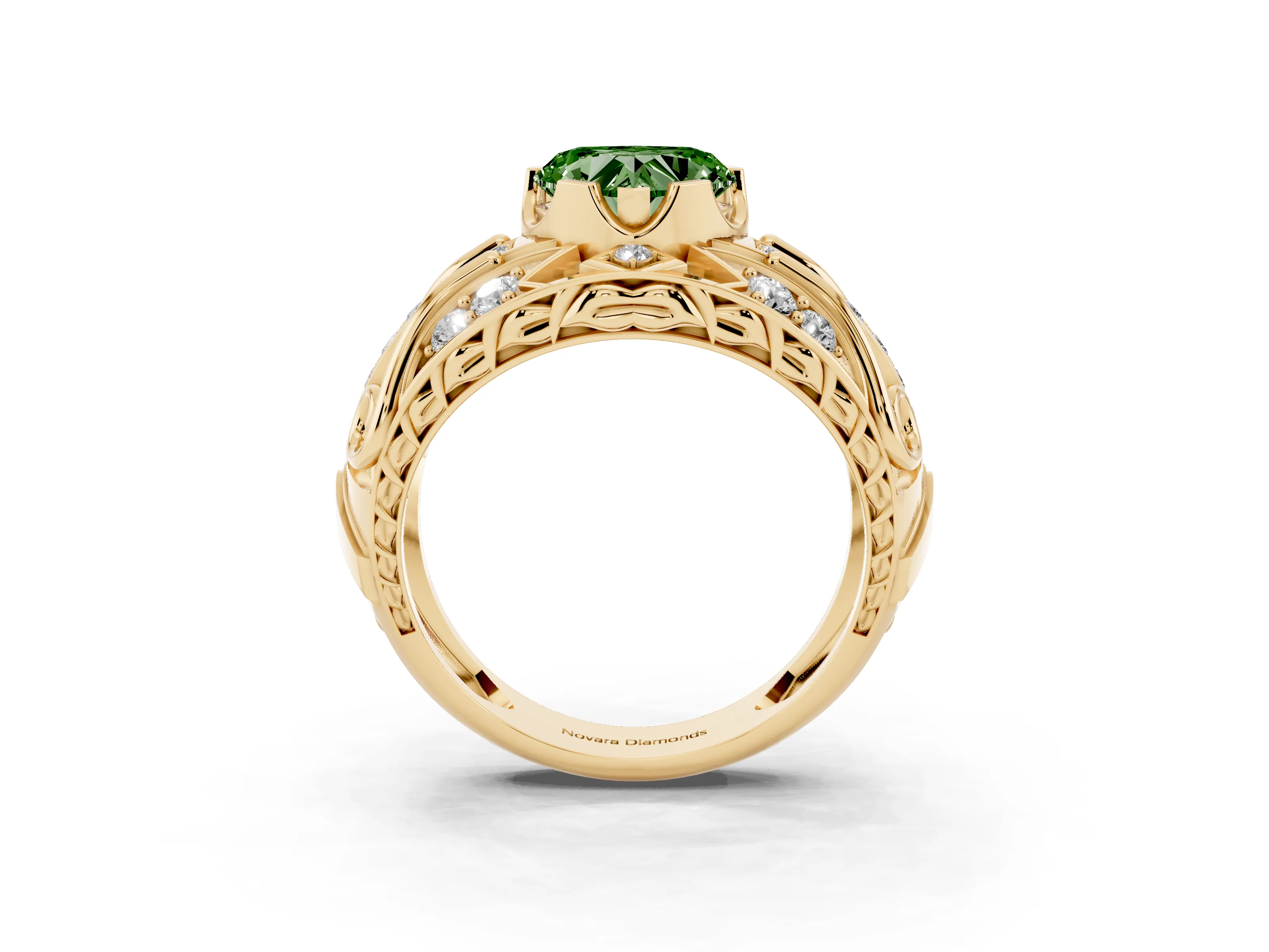 Fancy Green Heart Cut Diamond Art Deco Ring Set in Yellow gold with Pavé Split Shank