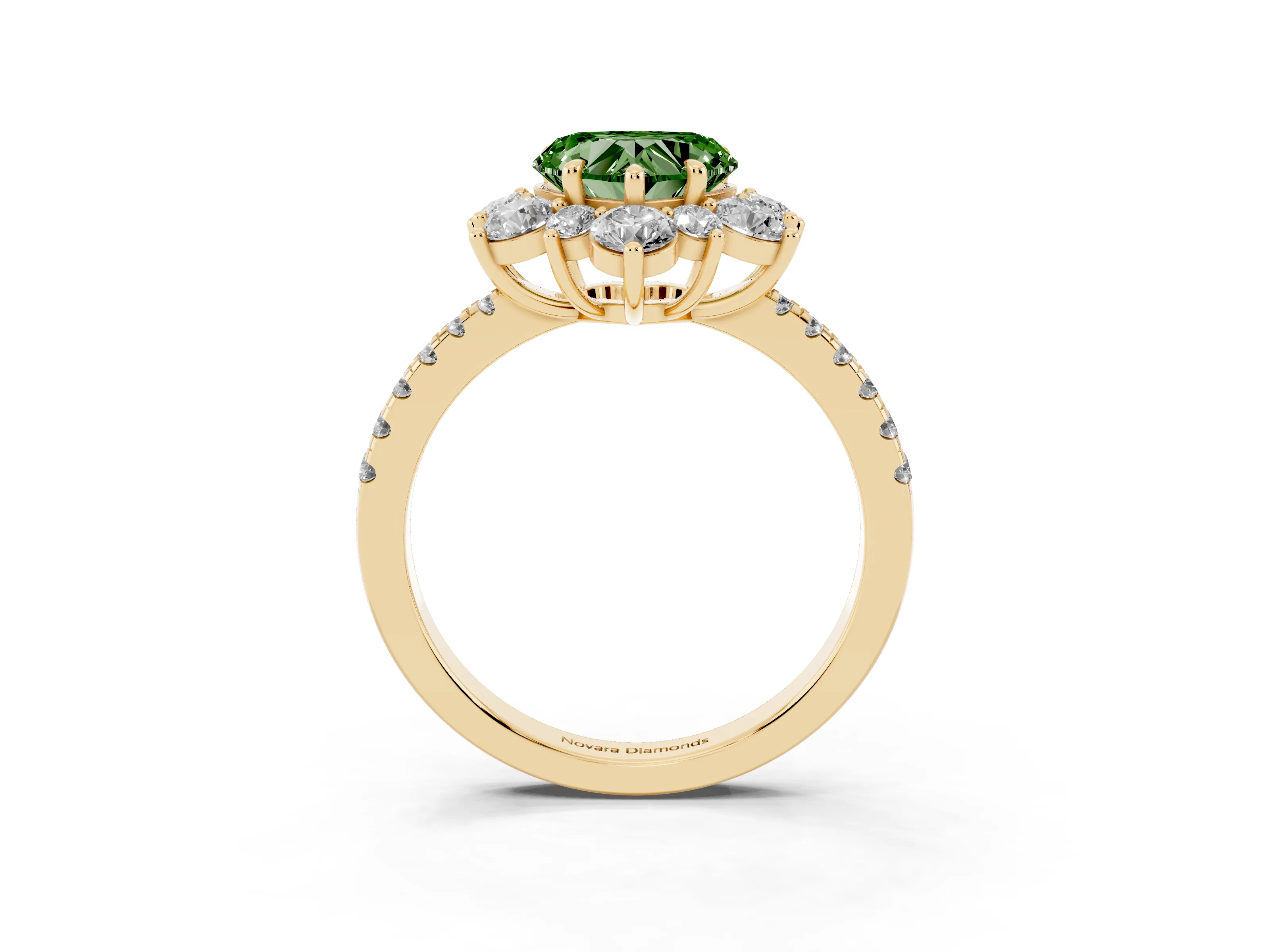 Fancy Green Heart Cut Diamond Floral Halo Ring Set in Yellow gold with Round Pavé Band and Prong Setting