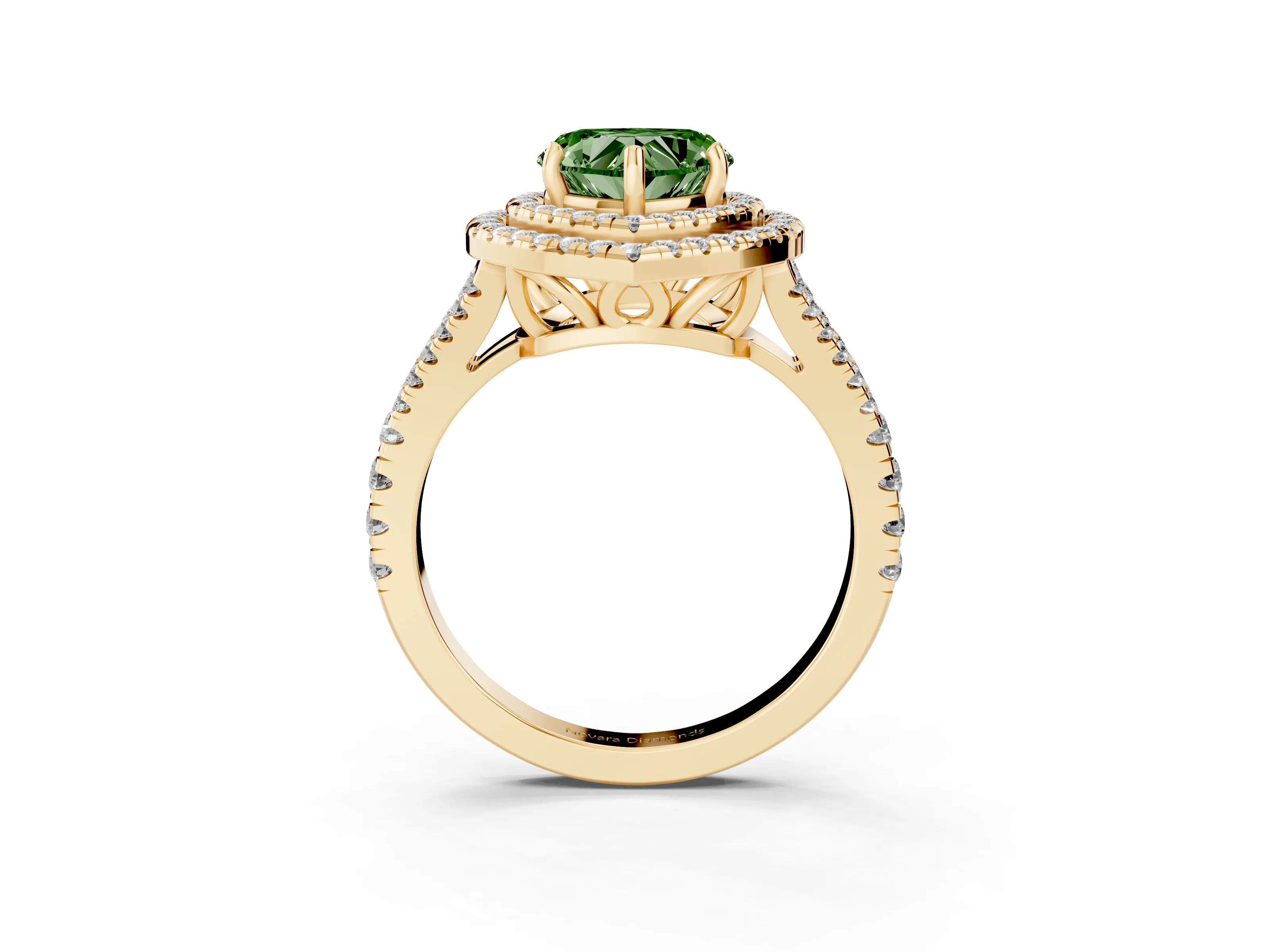 Fancy Green Heart Cut Diamond Double Halo Ring Set in Yellow gold with Pavé Band