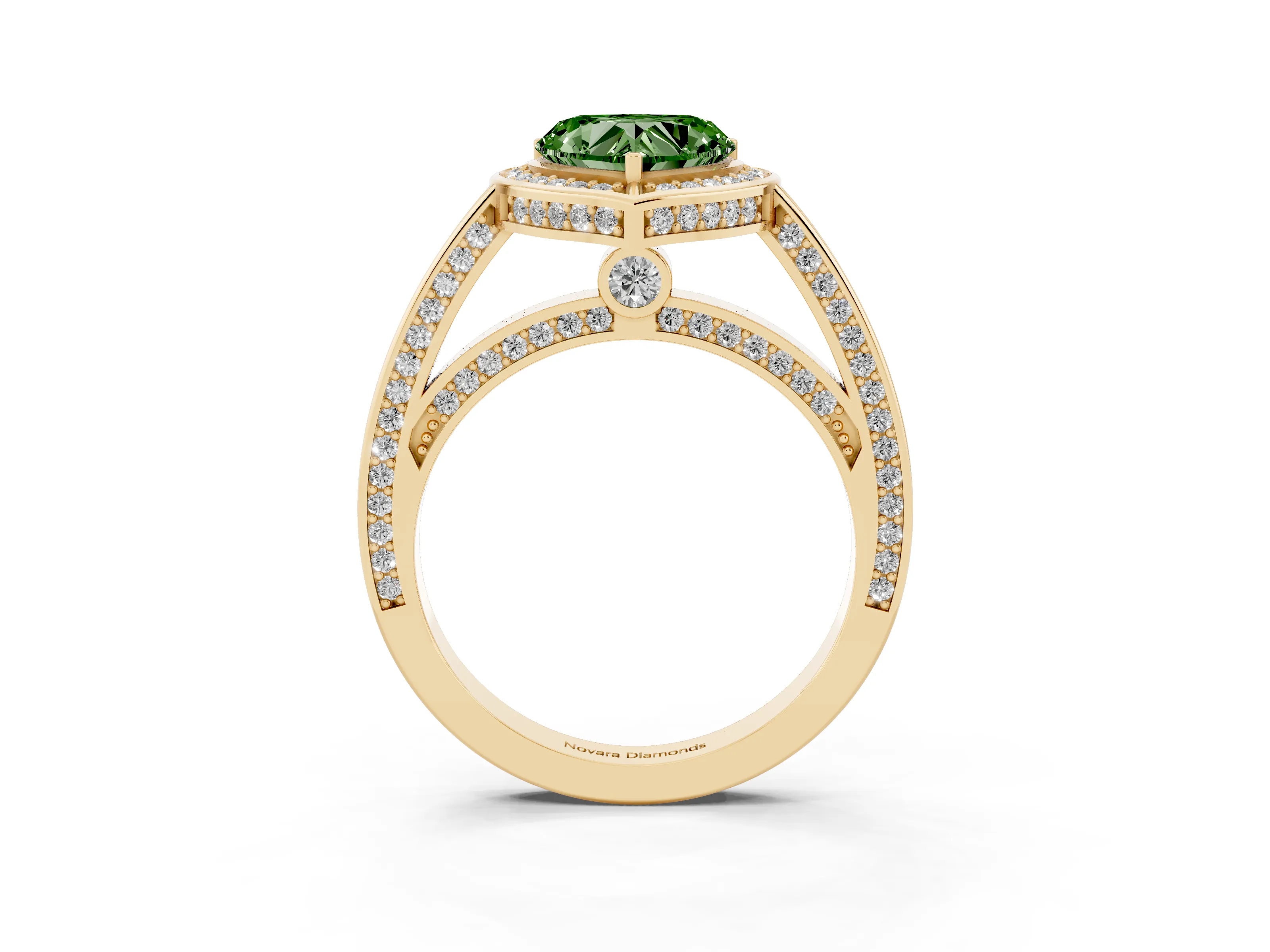 Fancy Green Heart Cut Diamond Halo Pavé Split Shank Ring Set in Yellow gold with Prong Setting