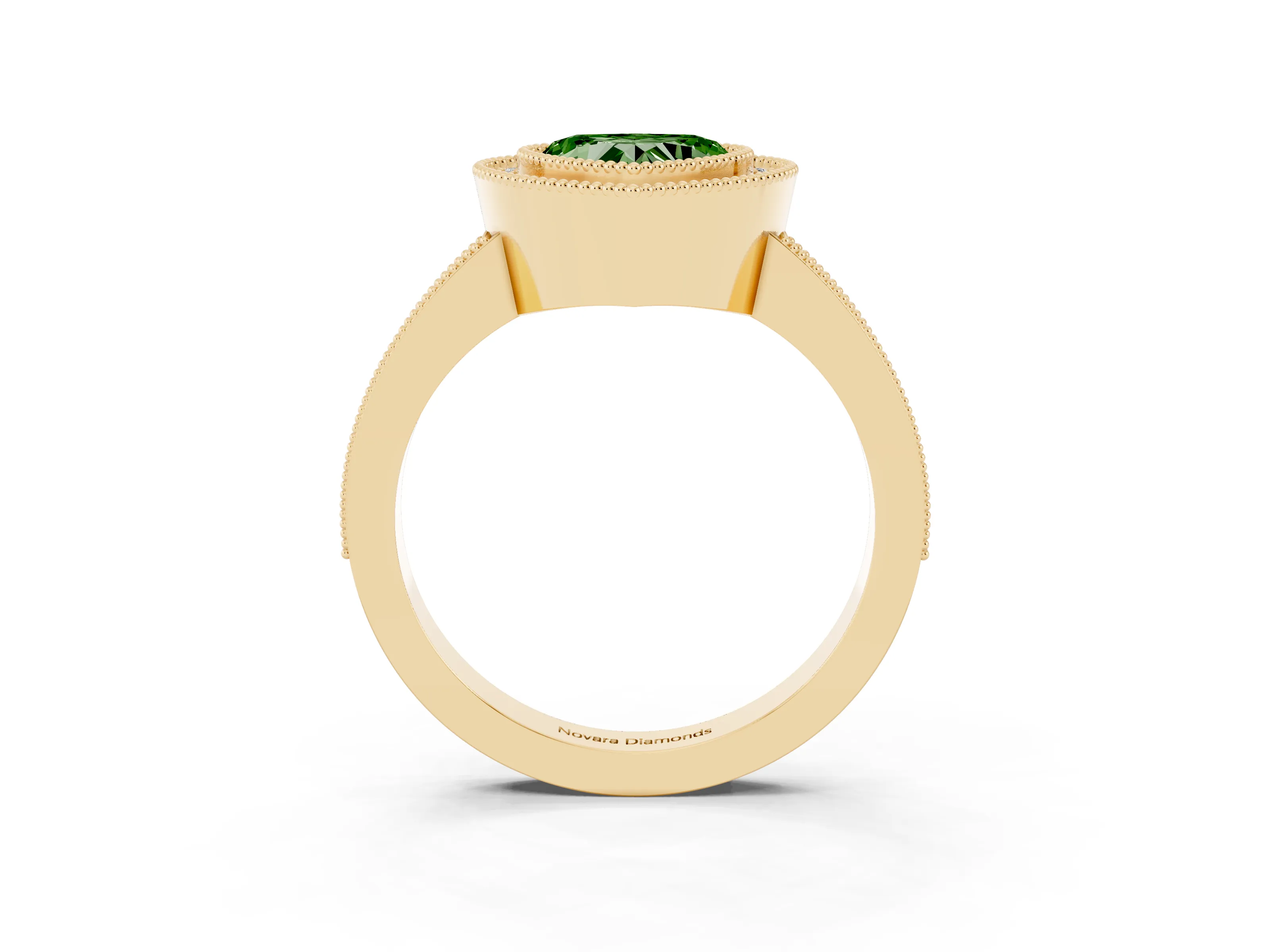 Fancy Green Heart Cut Diamond Halo Engagement Ring Set in Yellow gold with Pavé Band and Round Halo Stones