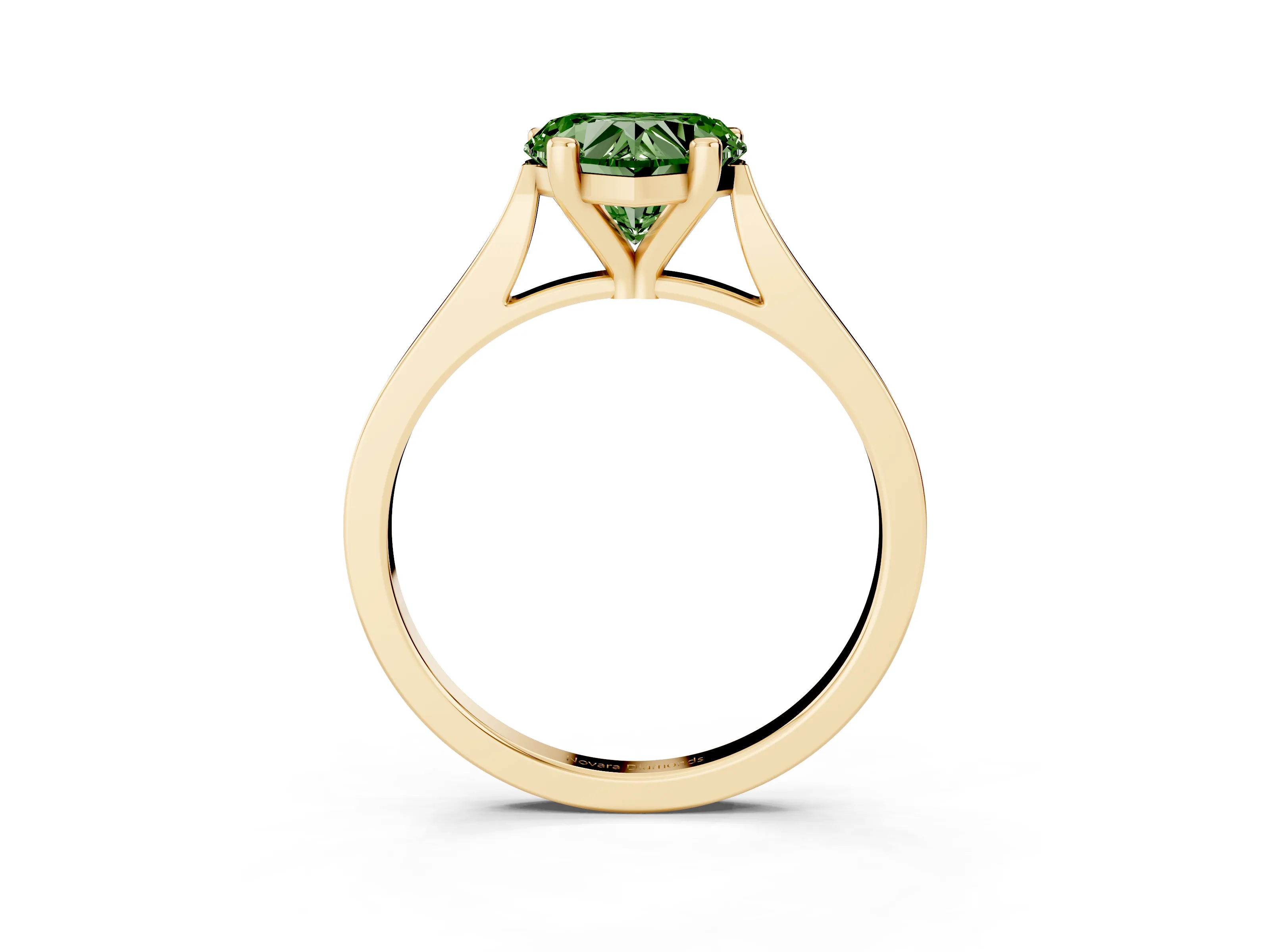 Fancy Green Heart Cut Diamond Solitaire Ring Set in Yellow gold with Prong Setting and Tapered Band