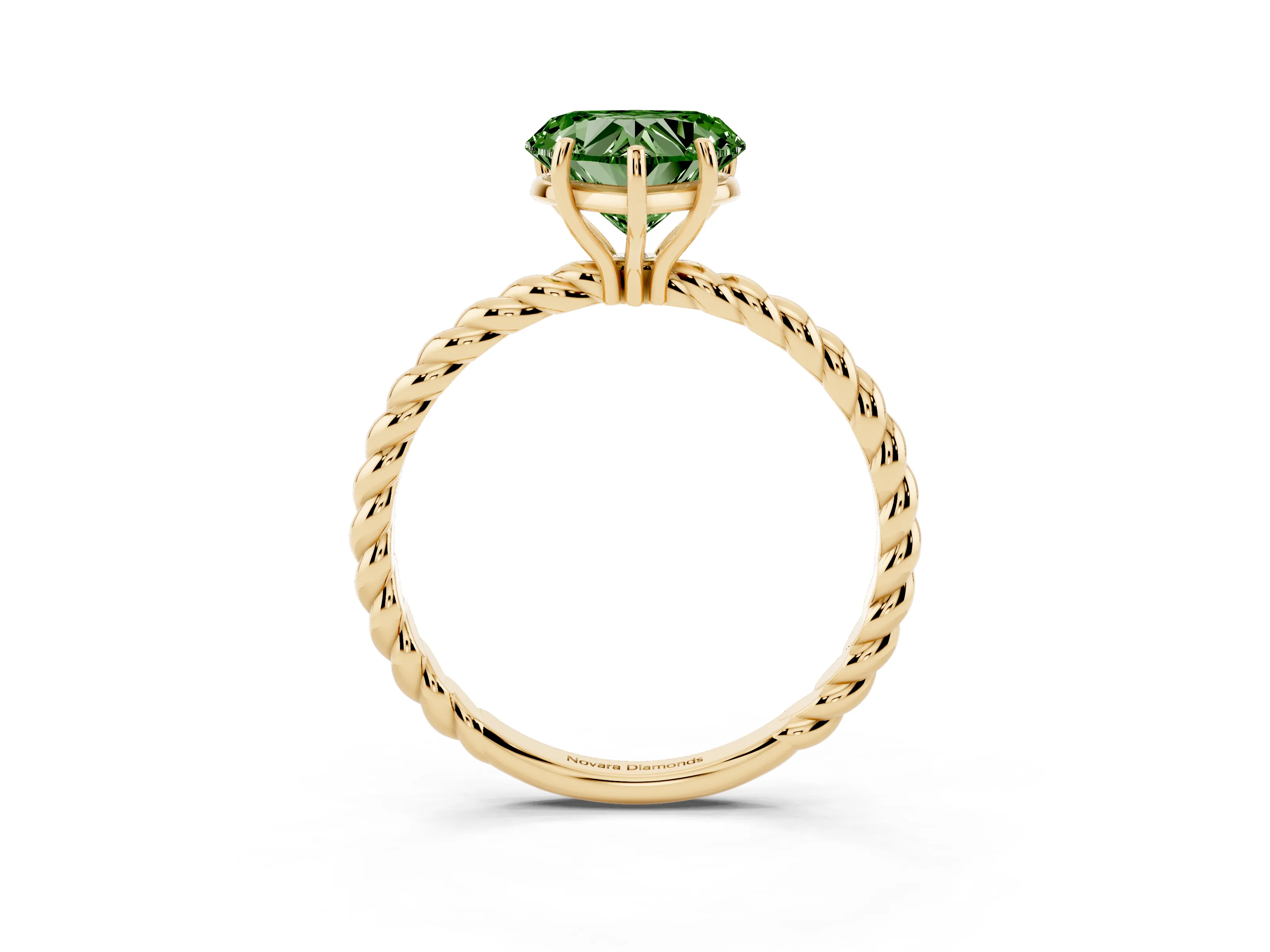 Fancy Green Heart Cut Diamond Solitaire Ring Set in Yellow gold with Twist Band and Prong Setting