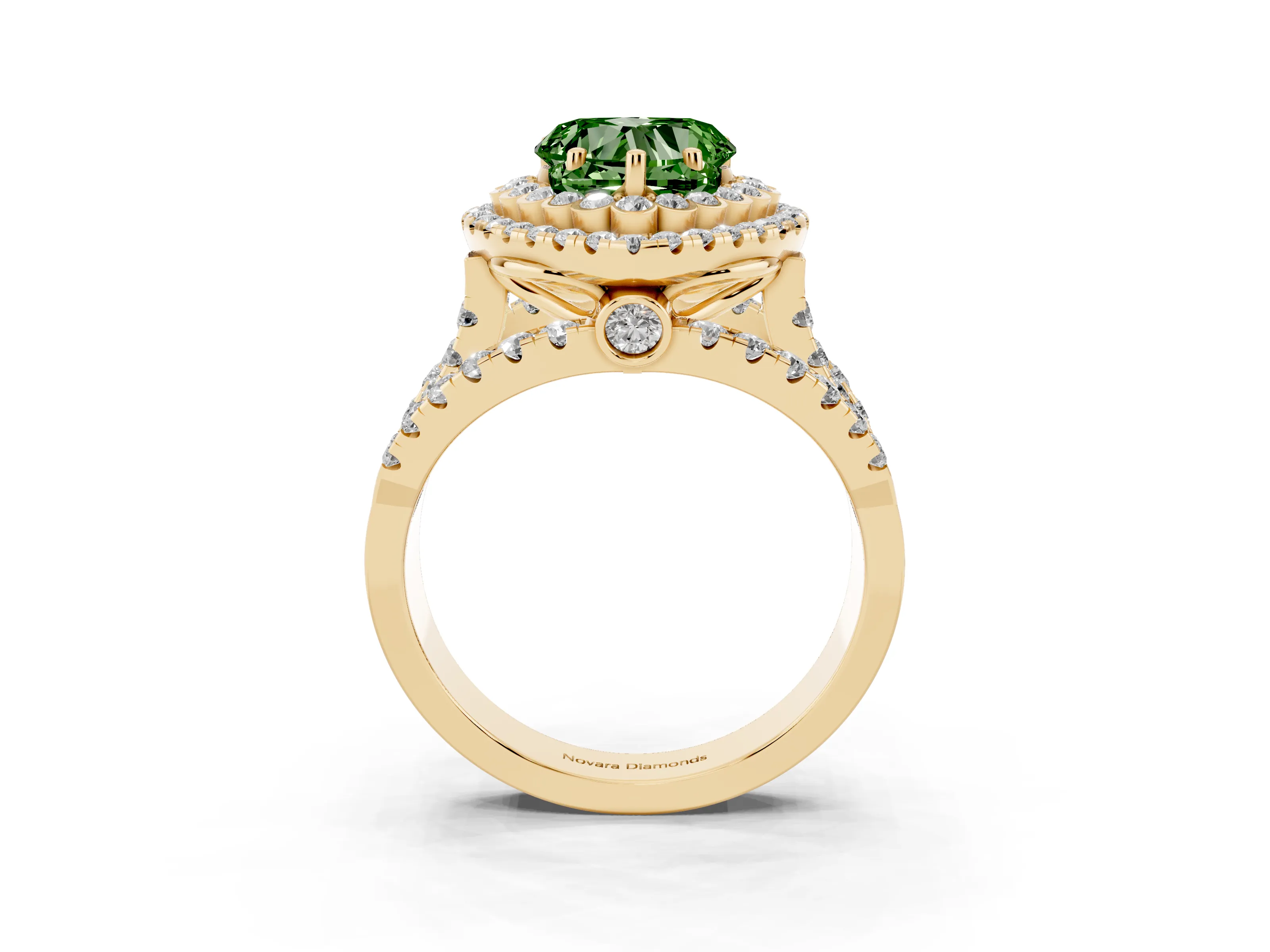 Fancy Green Heart Cut Diamond Double Halo Ring Set in Yellow gold with Round Pavé Split Shank