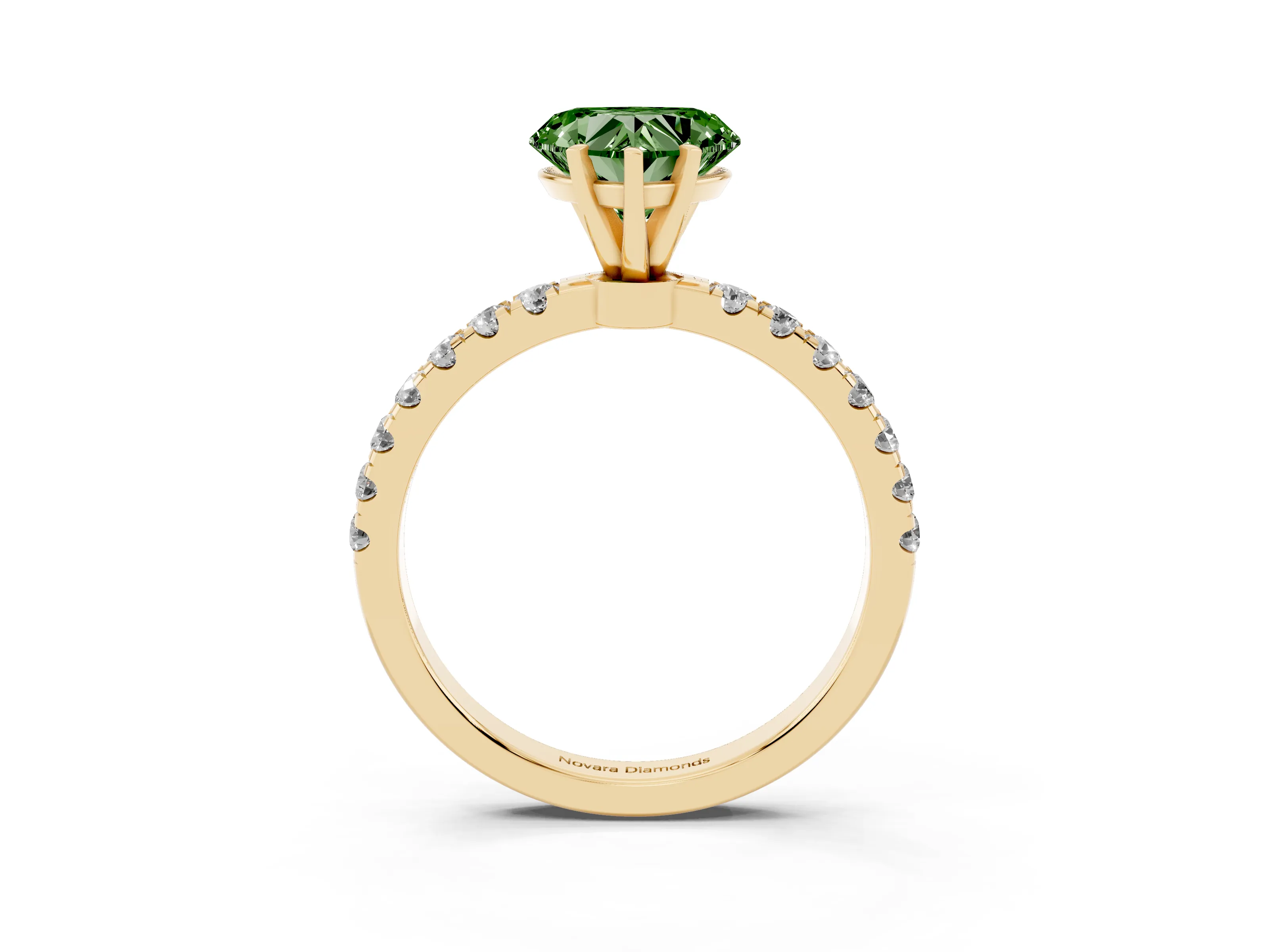 Fancy Green Heart Cut Diamond Solitaire Ring Set in Yellow gold with Pavé Accents and Prong Setting