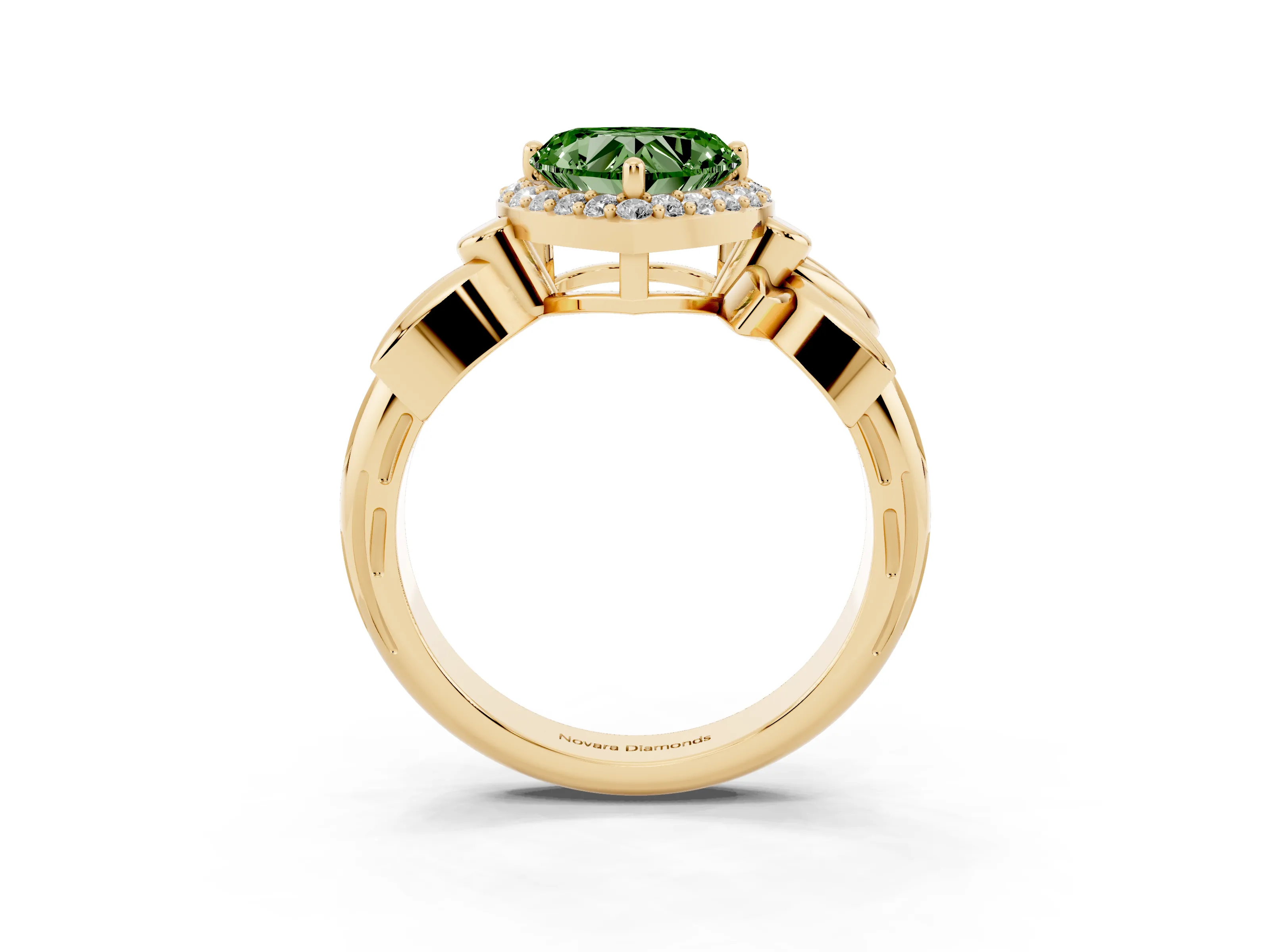 Fancy Green Heart Cut Diamond Halo Floral Band Ring Set in Yellow gold with Prong Setting