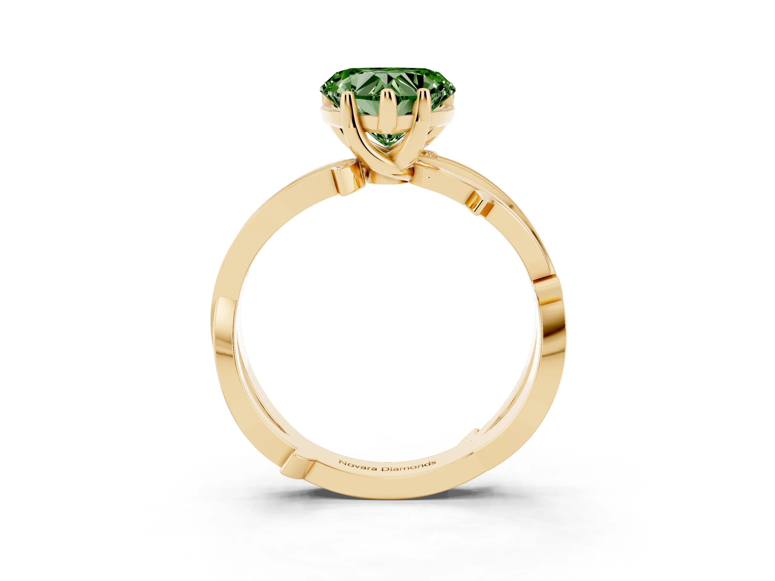 Fancy Green Heart Cut Diamond Pavé Twist Band Solitaire Ring Set in Yellow gold with Prong Setting