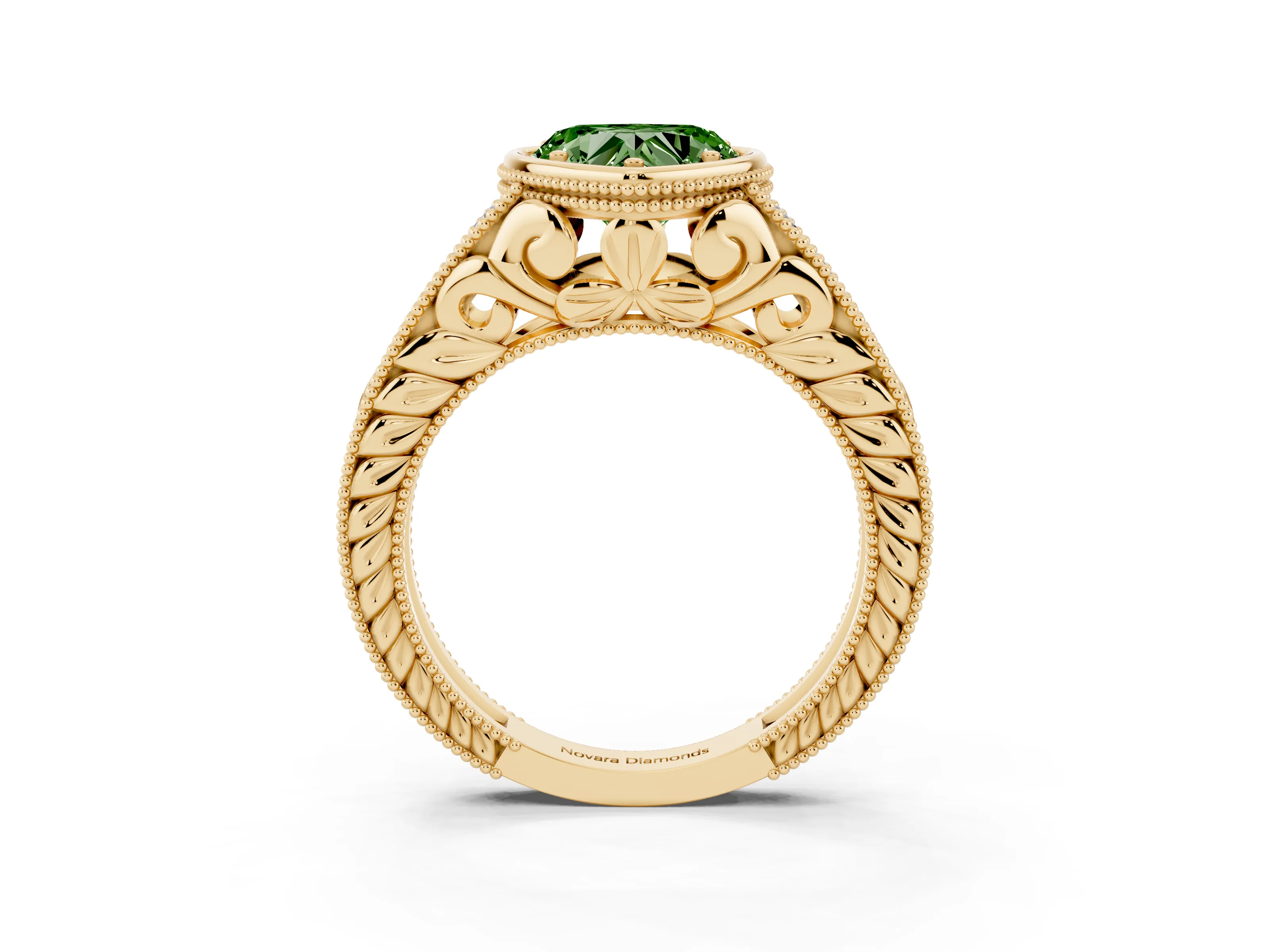 Fancy Green Bezel Set Heart Cut Diamond Milgrain Pavé Engagement Ring Set in Yellow gold