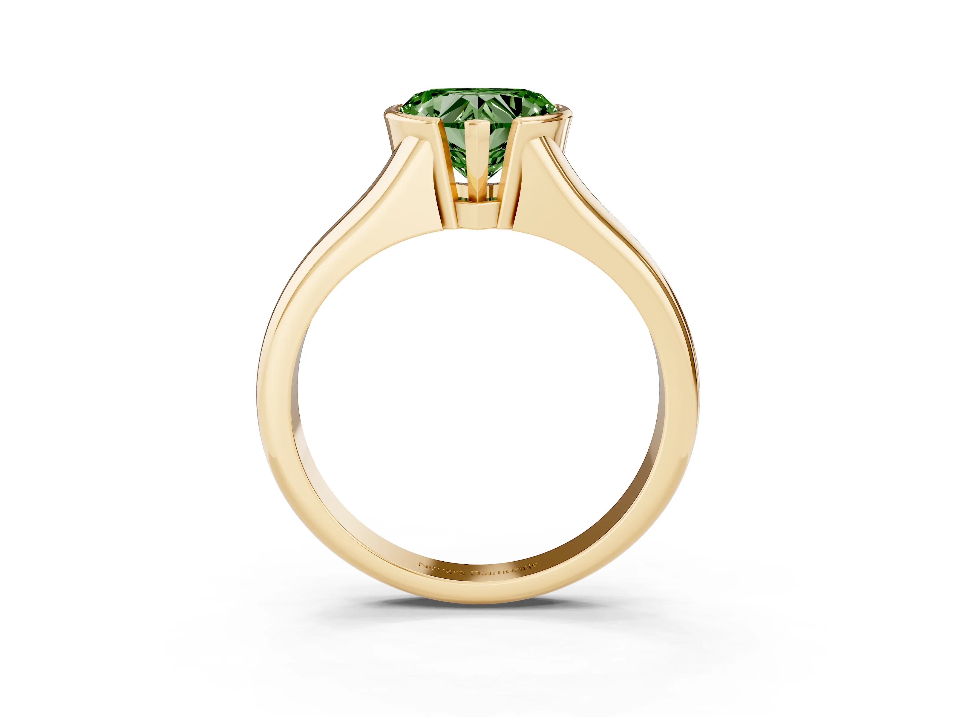 Fancy Green Heart Cut Diamond Solitaire Tension Set Ring Set in Yellow gold with Split Shank Band