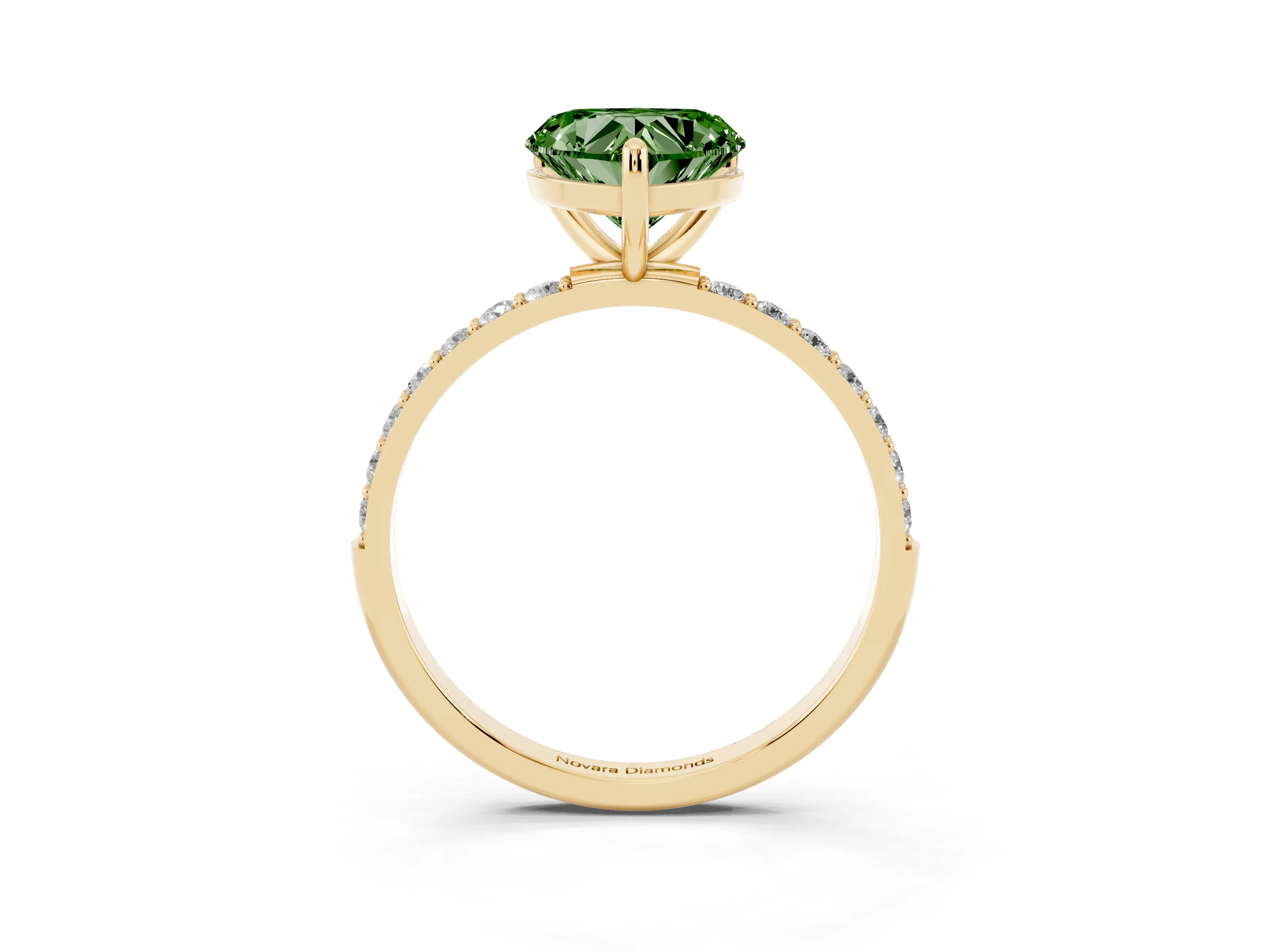Fancy Green Heart Cut Diamond Solitaire Ring Set in Yellow gold with Round Pavé Band and Prong Setting