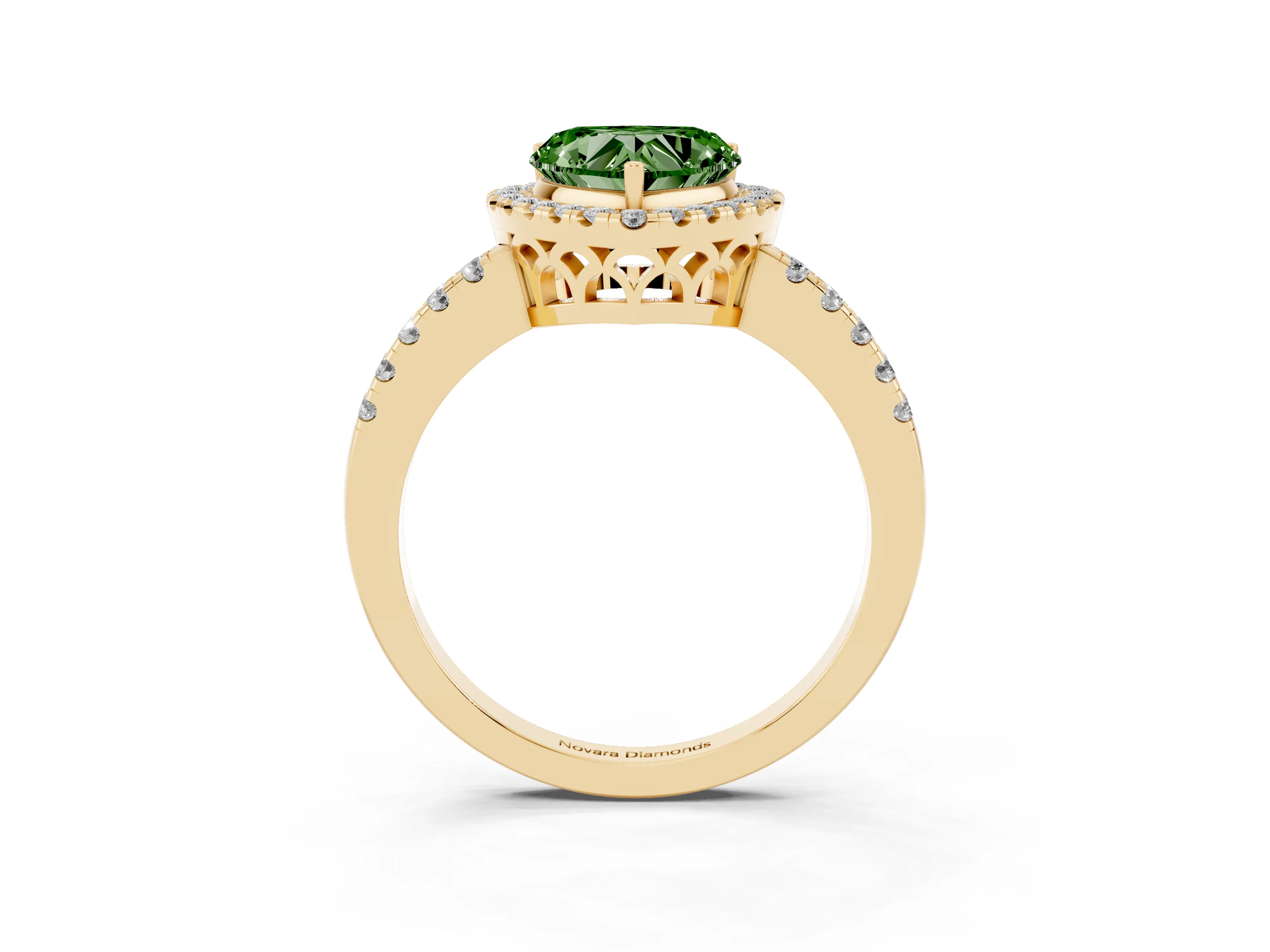 Fancy Green Heart Cut Diamond Pavé Band Halo Engagement Ring Set in Yellow gold with Prong Setting