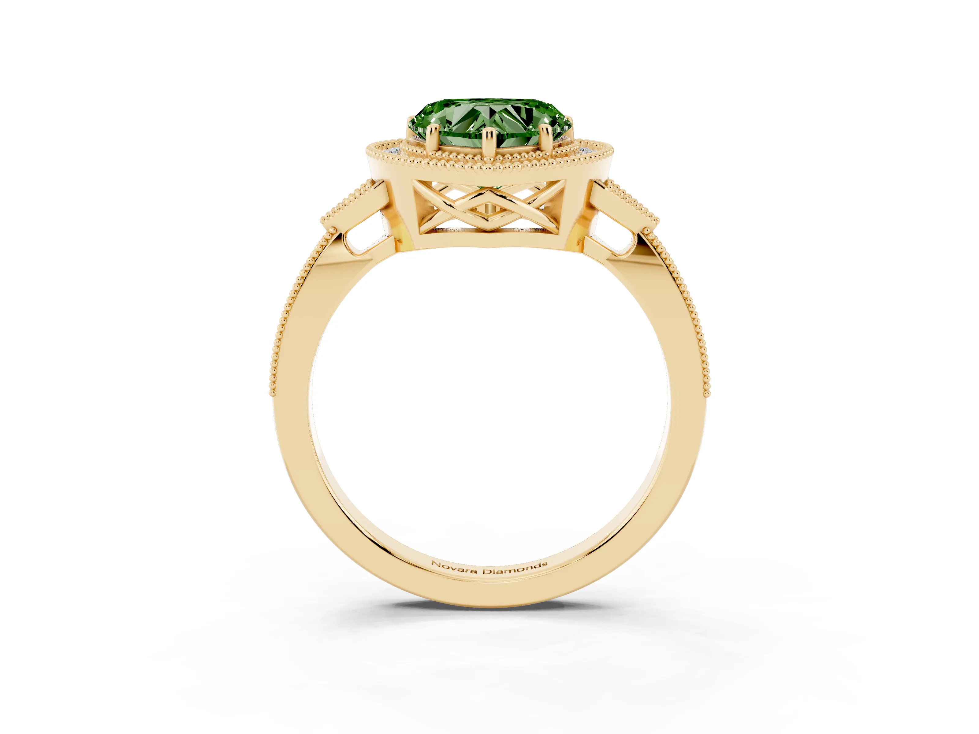 Fancy Green Heart Cut Diamond Halo Engagement Ring Set in Yellow gold with Milgrain Pavé Band