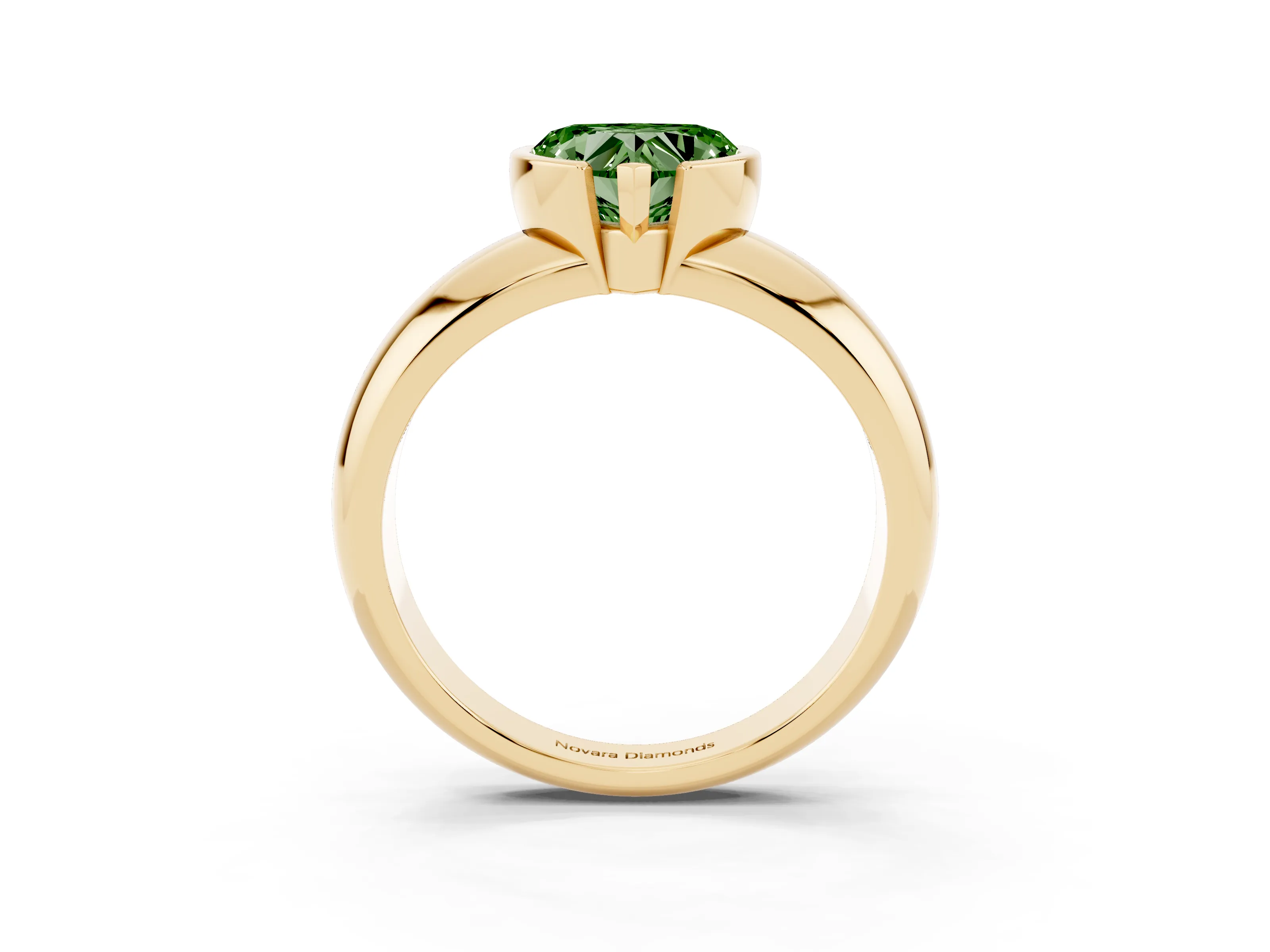 Fancy Green Heart Cut Diamond Solitaire Tension Set Ring Set in Yellow gold with Wide Band