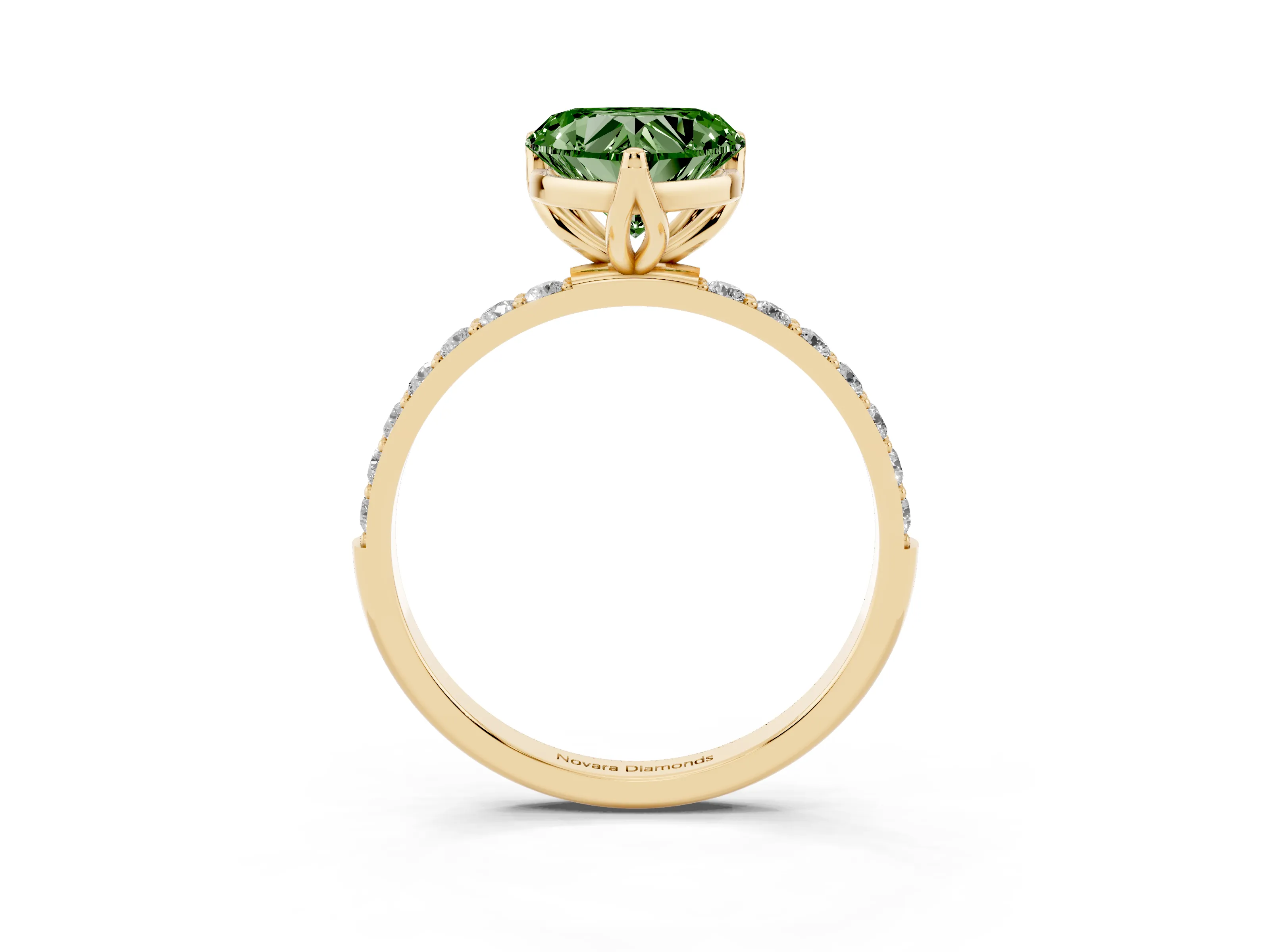 Fancy Green Heart Cut Diamond Solitaire Engagement Ring Set in Yellow gold with Round Pavé Band and Prong Setting