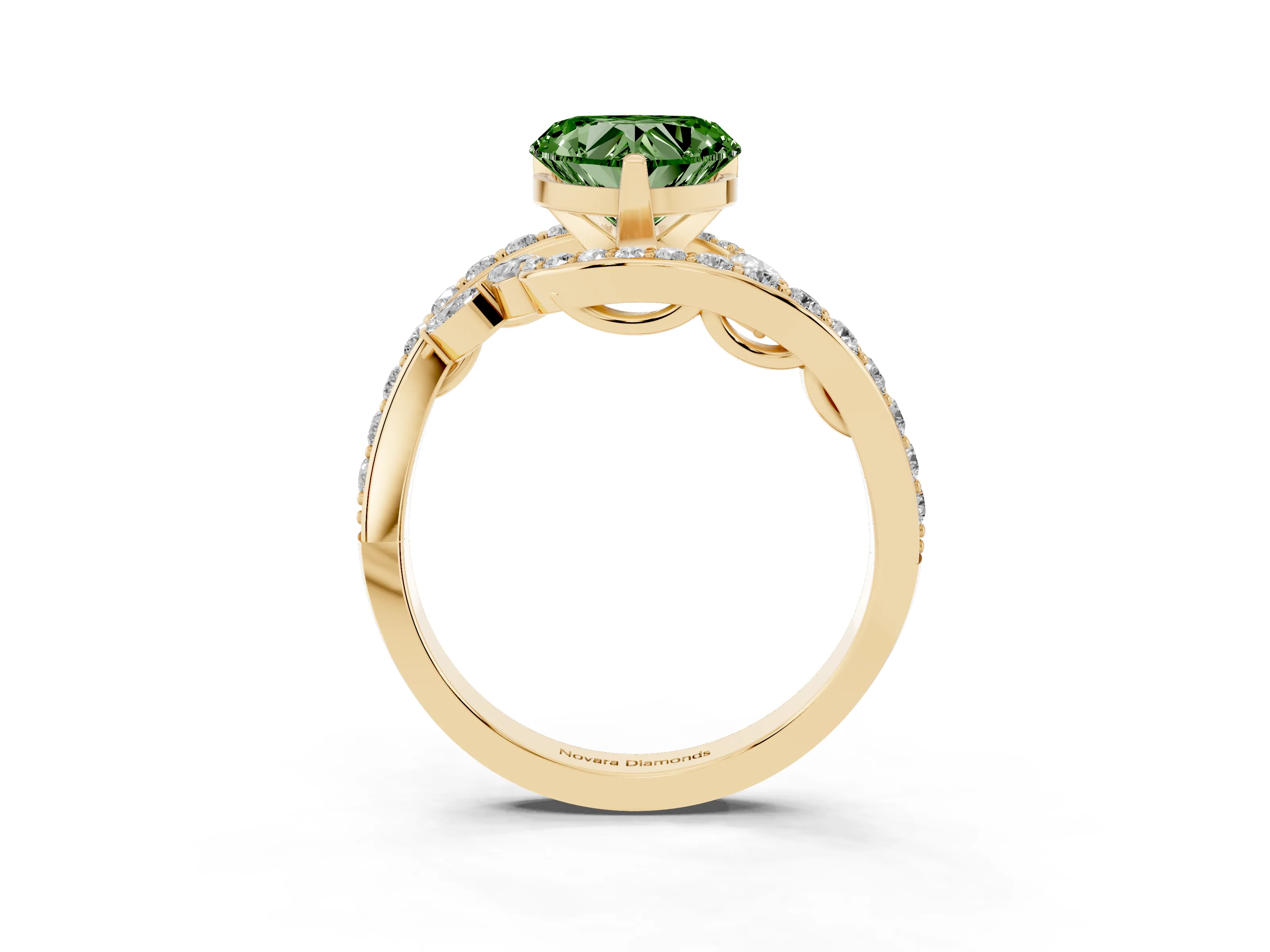 Fancy Green Heart Cut Diamond Solitaire Ring Set in Yellow gold with Pavé Twist Band and Secure Prong Setting