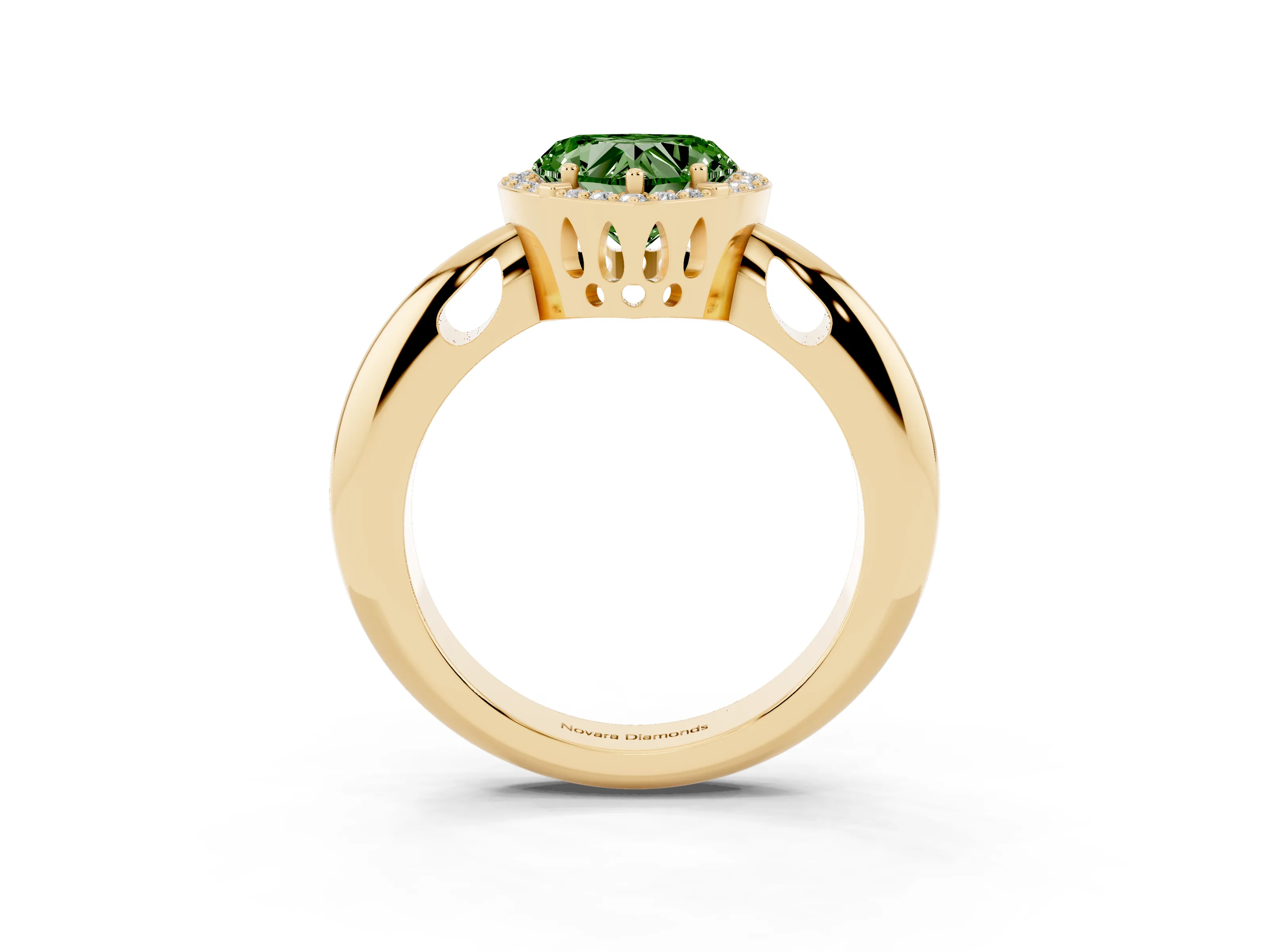 Fancy Green Heart Cut Diamond Halo Engagement Ring Set in Yellow gold with Plain Split Shank and Prong Setting