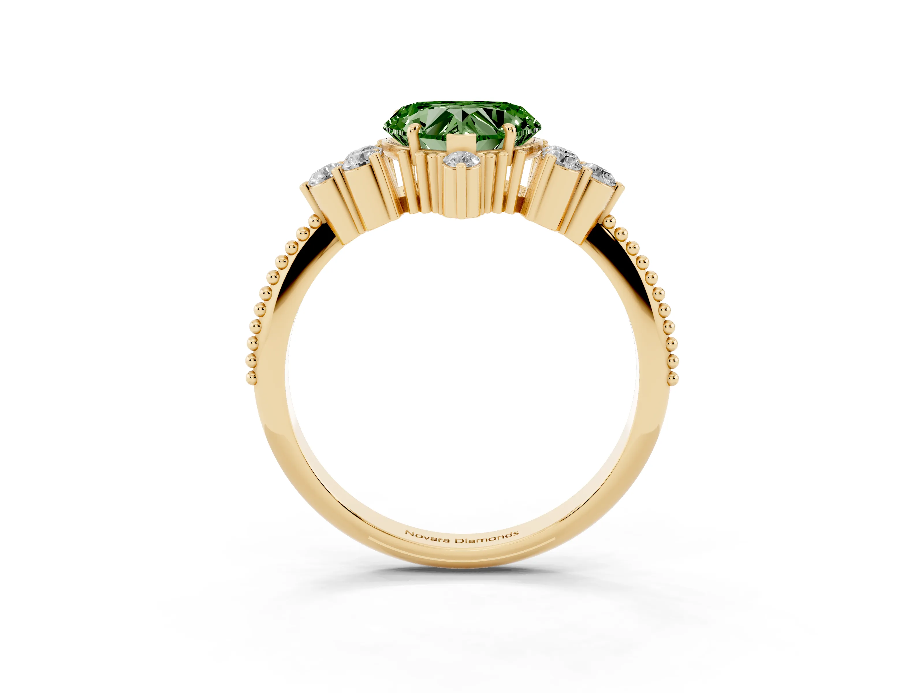 Fancy Green Heart Cut Diamond Cluster Ring Set in Yellow gold with Beaded Band