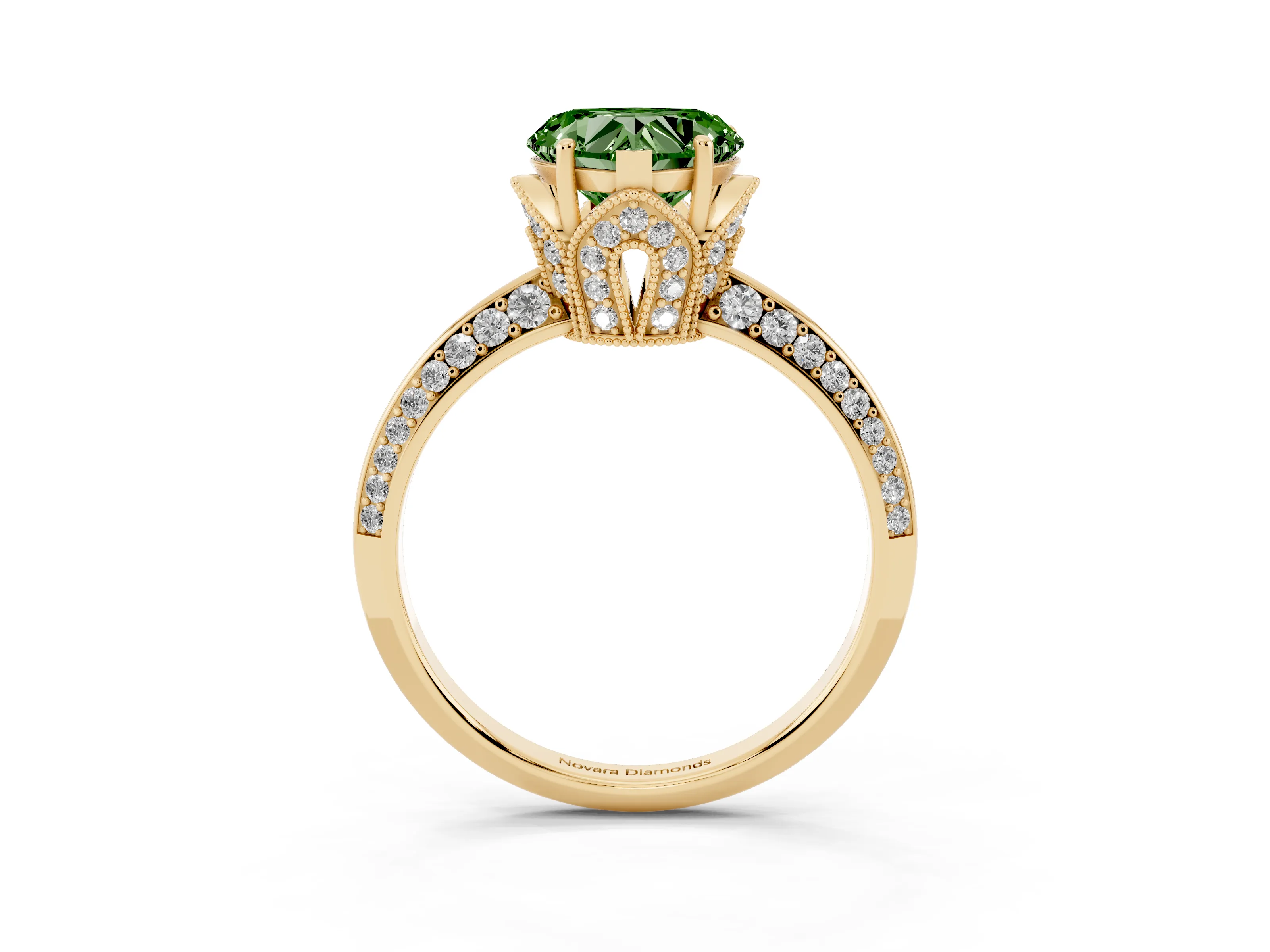 Fancy Green Heart Cut Diamond Solitaire Engagement Ring Set in Yellow gold with Pavé Split Shank and Prong Setting